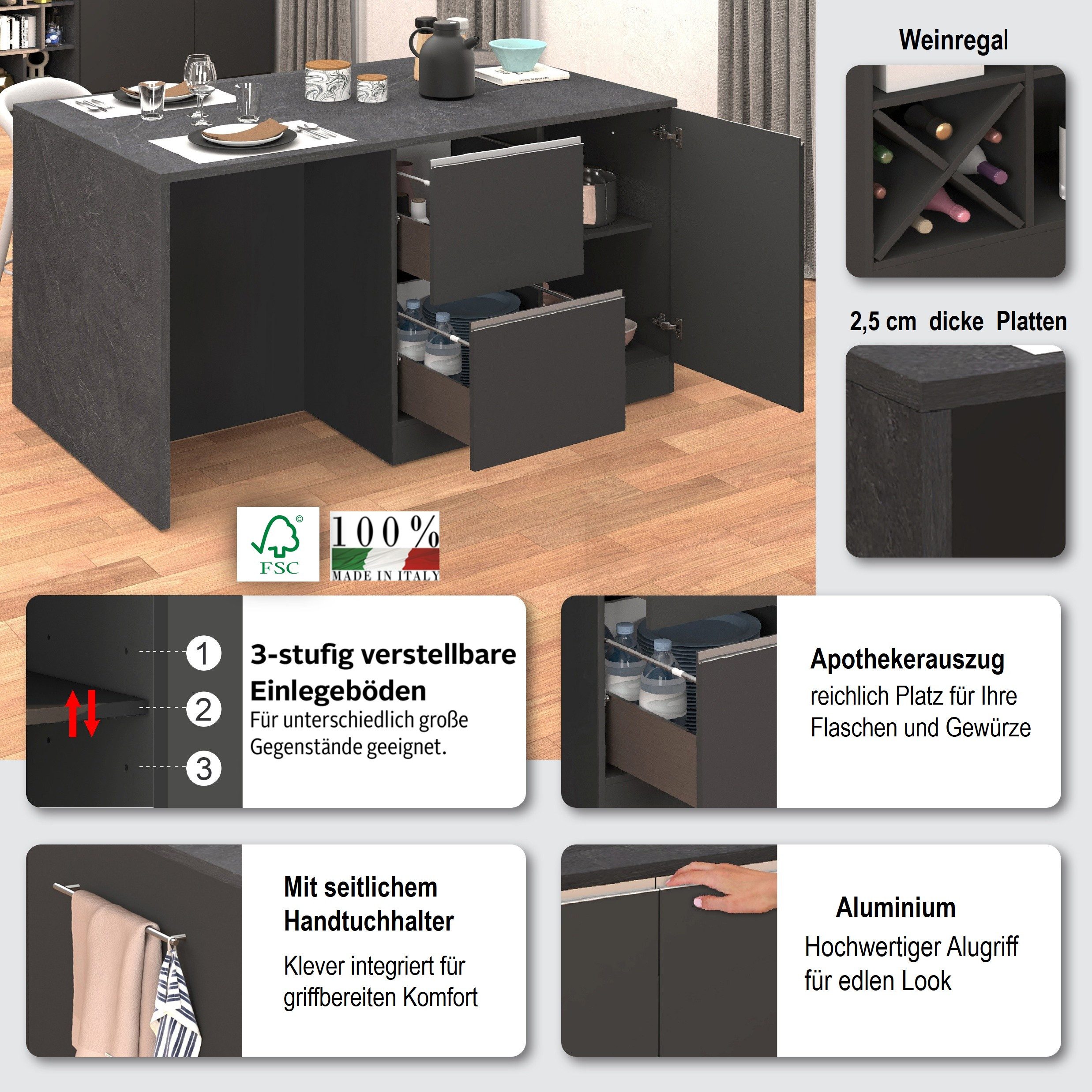 KOCHSTATION Kücheninsel KS-Sole, Kochinsel, Küchenarbeitsblock, Inselküche, Arbeitsinsel, Breite 152,5 cm, mit Essplatz, Handtuchhalter, Fächer und Weinregal