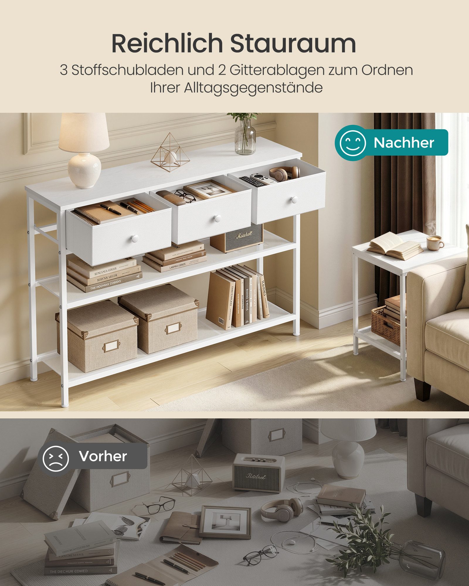 SONGMICS Konsolentisch Flurtisch mit 2/3 Stoffschubladen und 2 Gitterablagen, 98,8 x 30 x 78,7 cm, für Wohnzimmer und Eingangsbereich, Beistelltisch – Bild 3 von 5