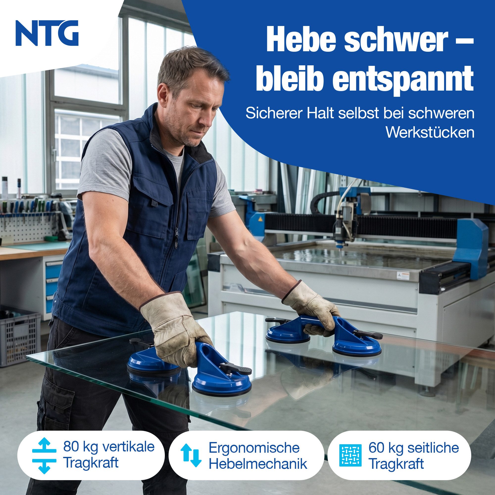 NTG Nutzfahrzeug Technik GmbH Doppelsaugheber Glasheber 2er Set – 60kg Traglast – Profi Vakuum-Saugheber, max. 60 kg Traglast, Öffnungsweite max. 11.8 cm, 2-tlg.], 118 mm Saugteller