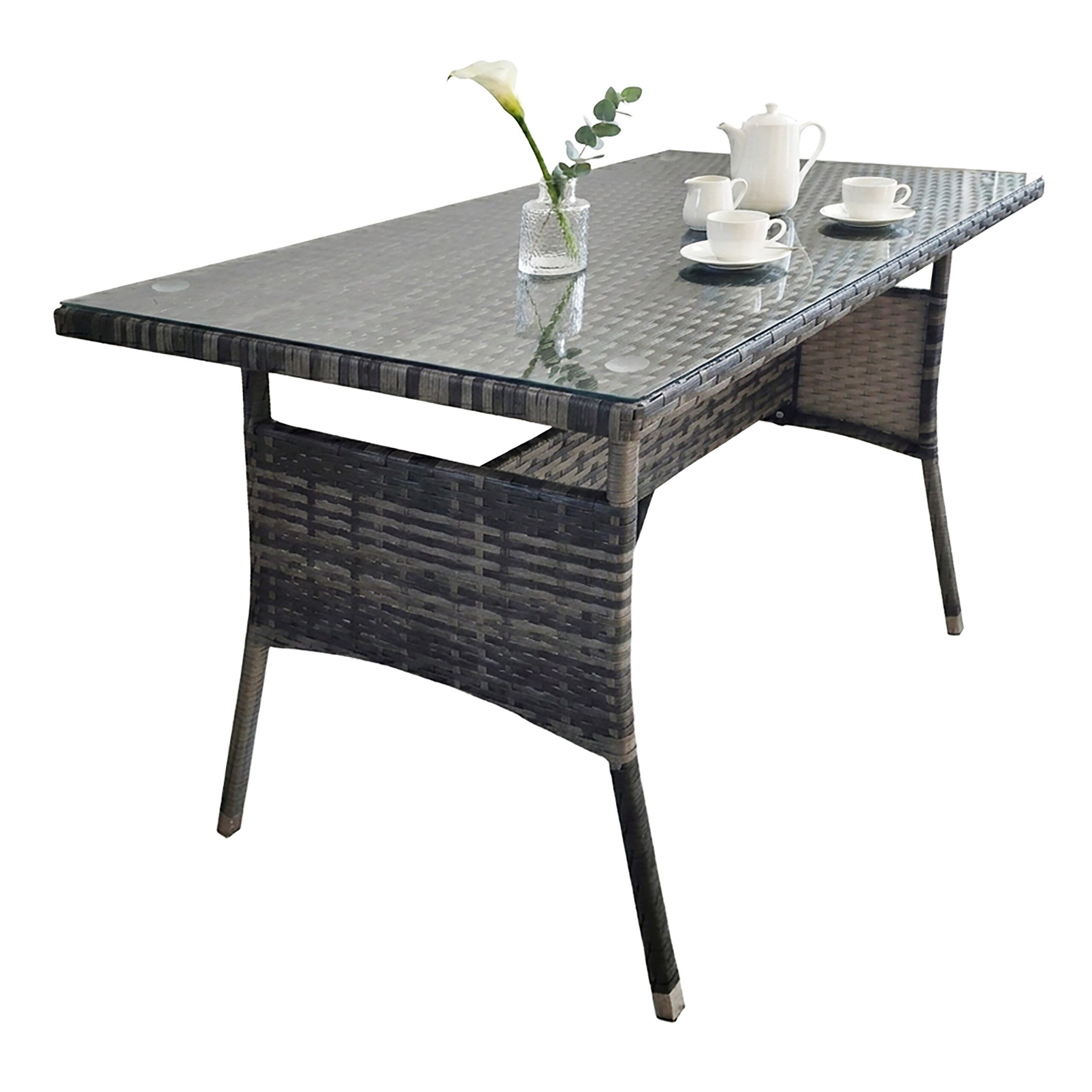 relaxdays Gartentisch Rattanoptik mit Glasplatte, grau