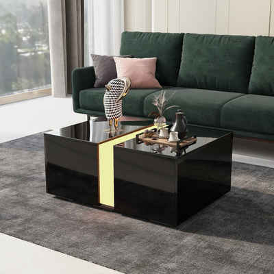 WISHDOR Couchtisch Glastisch Teetisch Kaffeetisch Beistelltisch Glas Sofatisch mit LED (mit Glasplatte Spanplatte und Stauraum versenkbares verstecktes Fach, Wohnzimmertisch LED Sofa Ablagetisch für Wohnzimmer 73*60*34cm), 16 Farben LED Lichter mit Fernbedienung Hochglanz modern Stil Schwarz