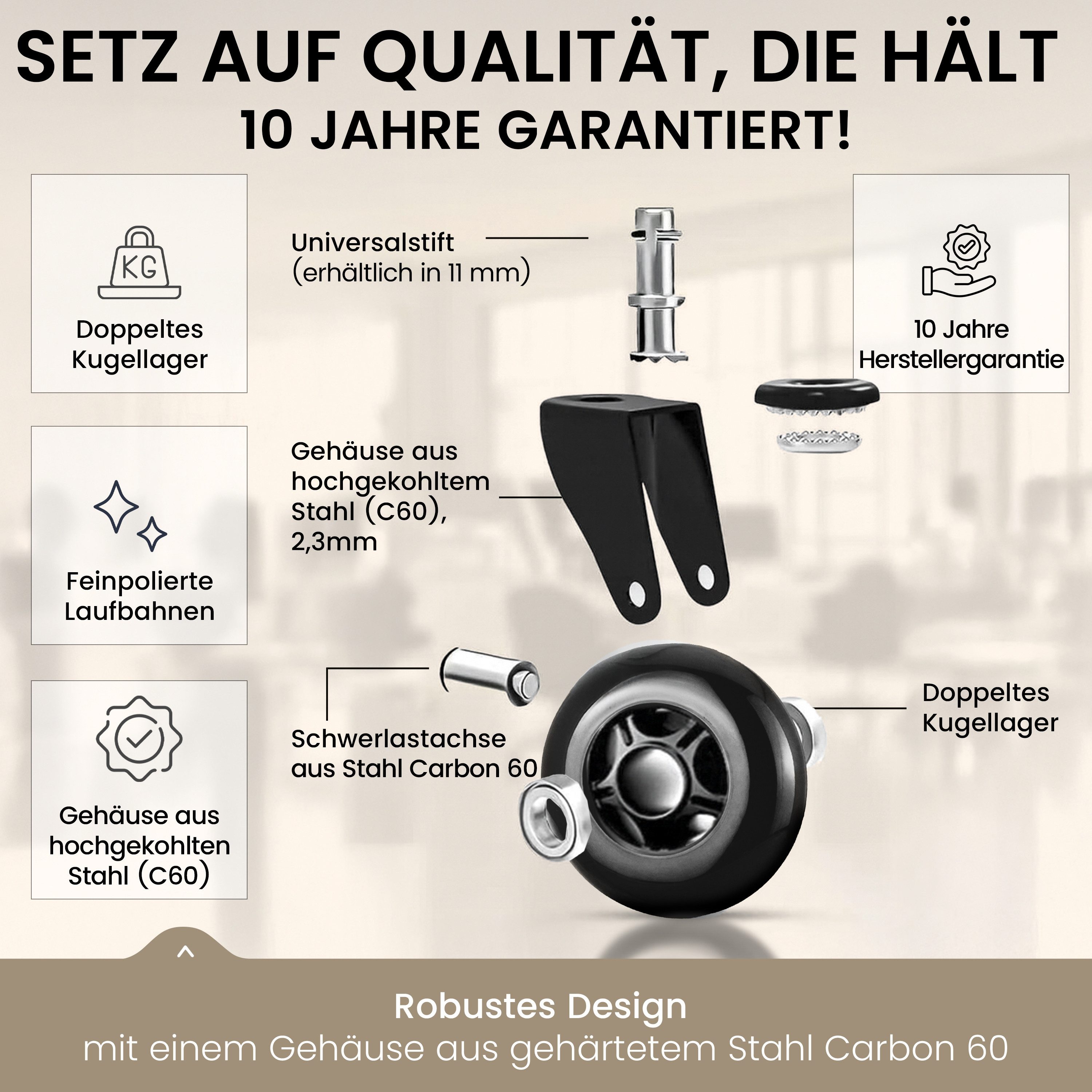 TPFLiving Stuhlrolle TPFLiving Bürostuhlrollen - Stuhlrollen Premium - 10 Jahre Garantie, (5-St., 5er Set Rollen für Bürostuhl 11x22mm - Invictus ProGlide trans – Bild 4 von 5