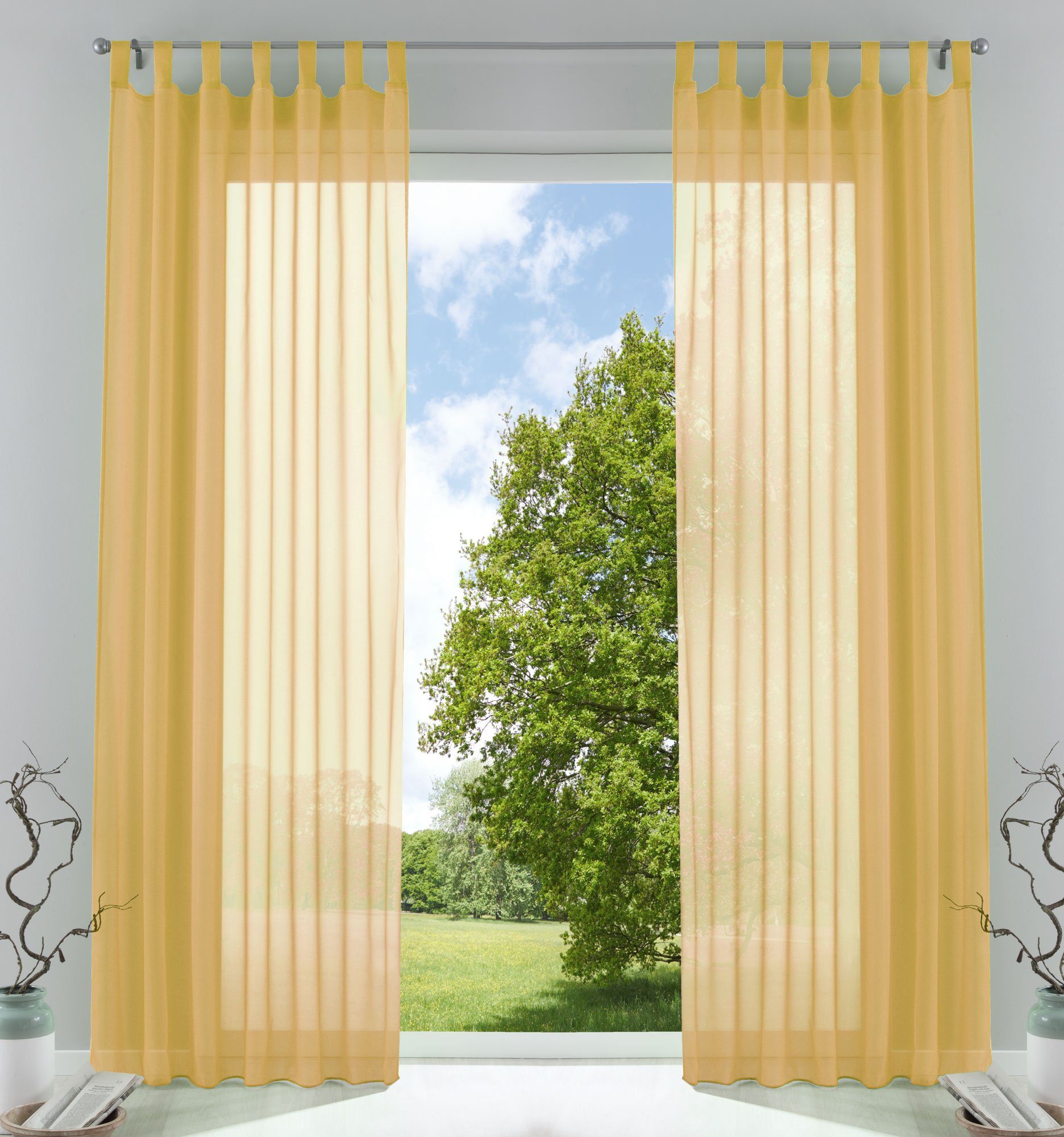 Gardine, Gardinenbox, Schlaufe (2 St), transparent, Transparent Vorhang Set Voile Bleibandabschluss verschiedene Höhen 61000CN Gelb