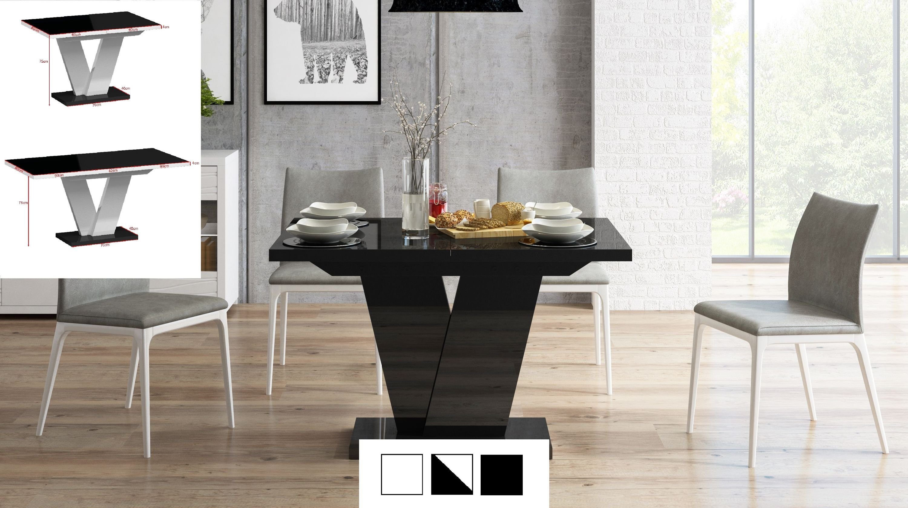 Weiß Design bis 120 Hochglanz - Tisch ausziehbar MA-333 Esstisch cm matt matt designimpex Esstisch 160 Schwarz