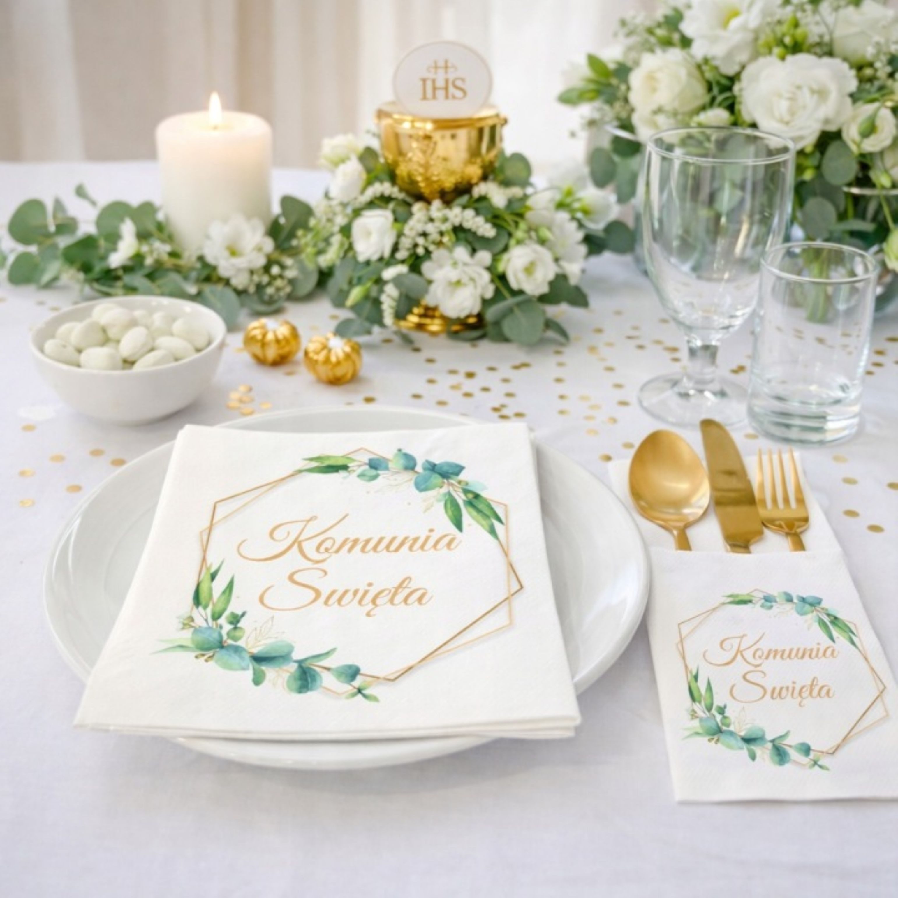Festivalartikel Kommunionskarte Kommunion Deko Servietten & Bestecktaschen Weiß Gold Set