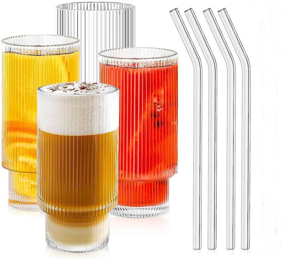 autolock Gläser-Set 4er Cocktail Gläser Set, 350ml Glas mit Strohhalm