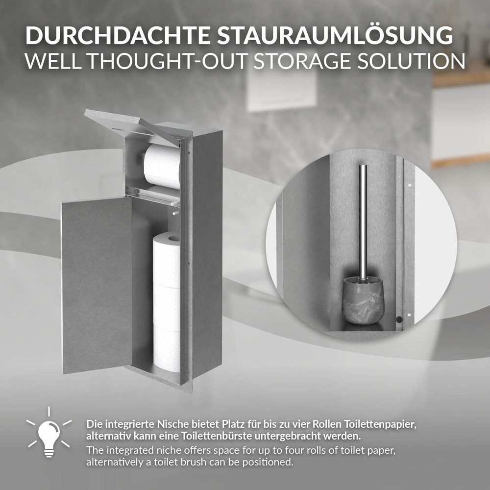 LuxeBath Toilettenpapierhalter Unterputz-Schrankmodul Edelstahl für Klobürstengarnitur befliesbar, Silber 60x20x14 cm Badezimmerschrank für Toilettenbürste WC W – Bild 4 von 5