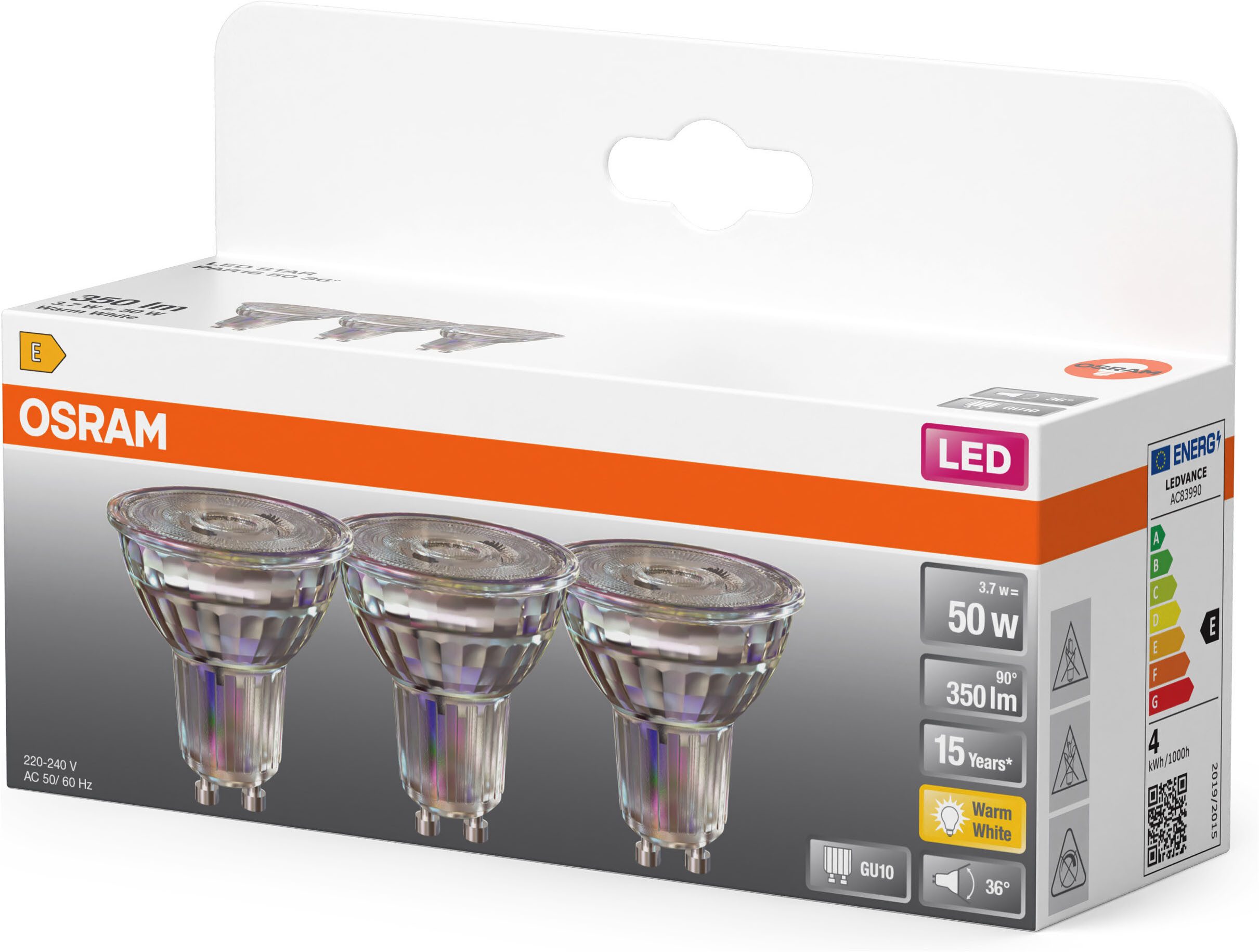 Osram LED-Leuchtmittel LED-Spot Star PAR16 Reflektor, GU10, 3 St., Warmweiß