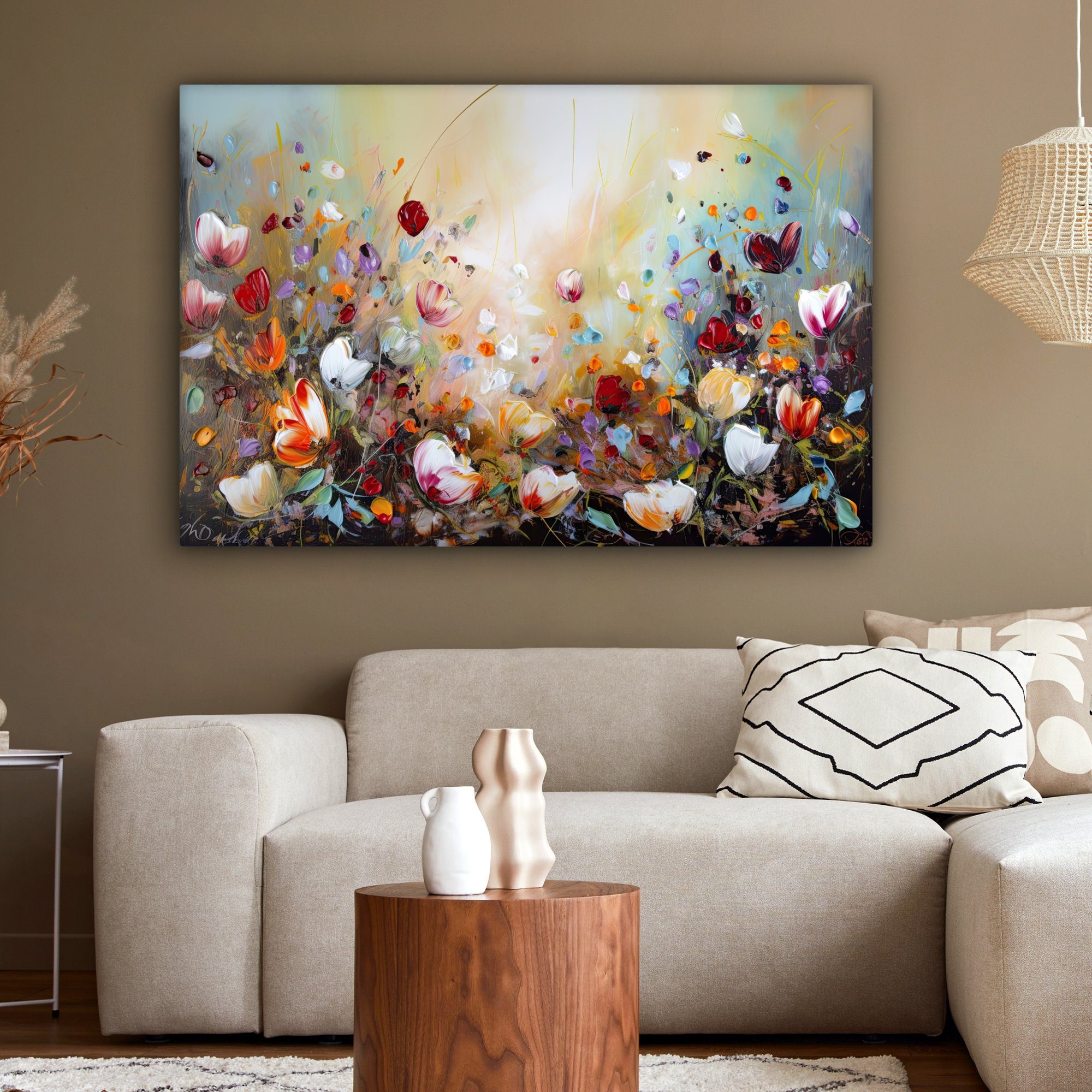 OneMillionCanvasses® Leinwandbild Blumen St), Gemälde, Natur, Farbenfroh cm - - Wandbild großes, Wohnbereiche, für - XXL, (1 120x80 Ölfarben alle