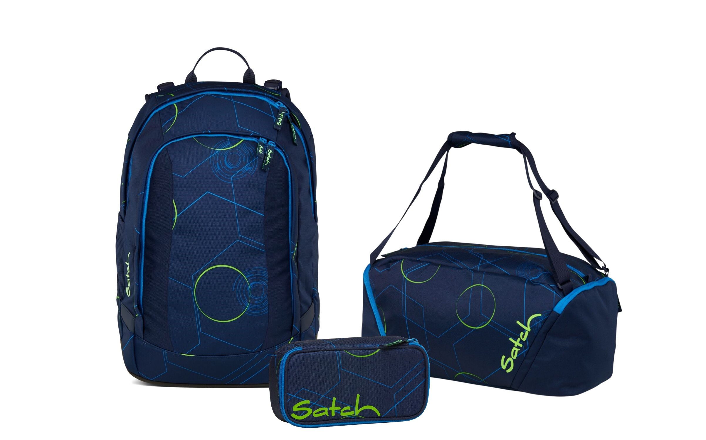 Satch Schulranzen Schulrucksack-Set AIR Blue Tech 3-teilig (3-teilig), Schulranzen, ergonomisch, Laptop-Fach, Your-Size-System