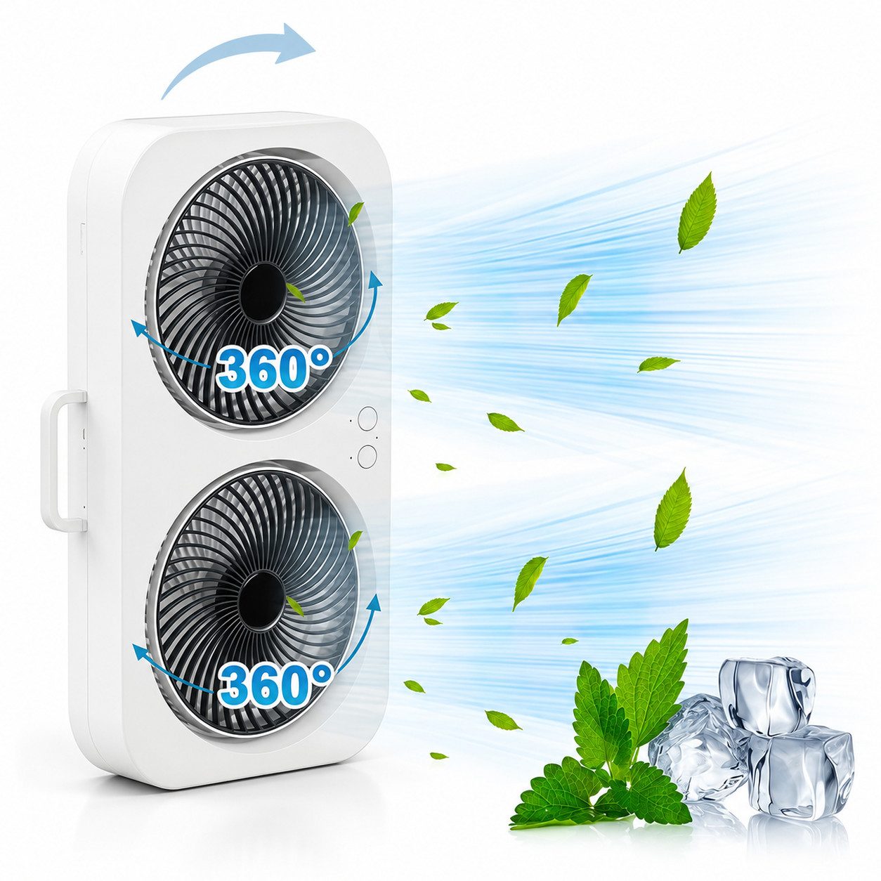 MOPUEA Standventilator 90° Drehbar Doppelkopf Ventilator Luftzirkulator USB Tischventilator, 3 Windstufen Mit Handyhalterung Stand- & Wandmontage Akku Leise