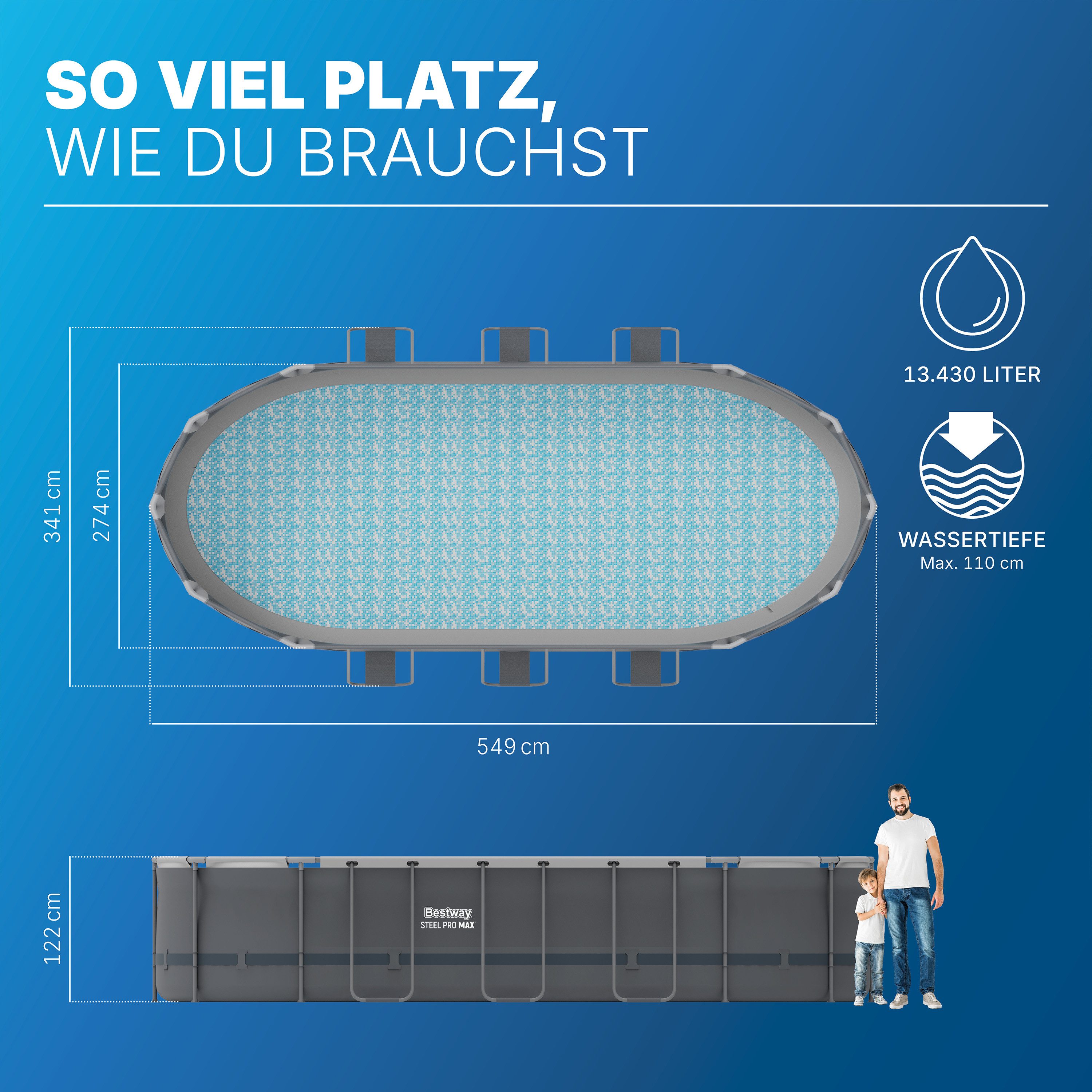 Bestway Framepool Steel Pro MAX™ (Set, Inkl. Filterpumpe, Sicherheitsleiter, Abdeckplane), 549 x 274 x 122 cm