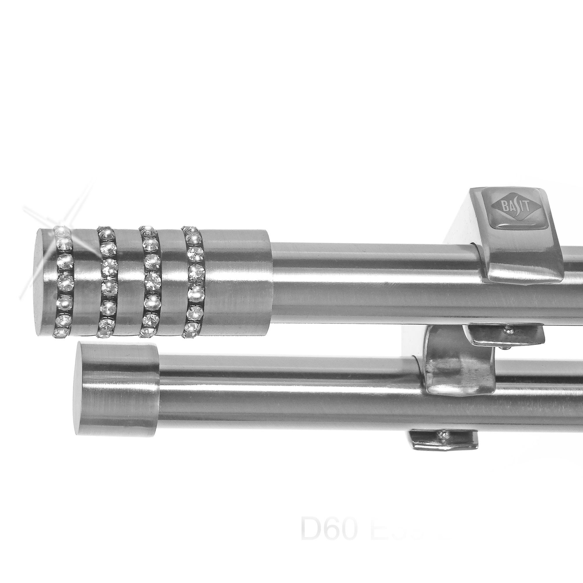 BASIT Gardinenstange Edelstahloptik 20mm mit Deckenträgern 480 cm E39, Ø 20 mm, 2-läufig, verschraubt, Metall, D60RR 480 cm E39 Zylinder mit Kristall