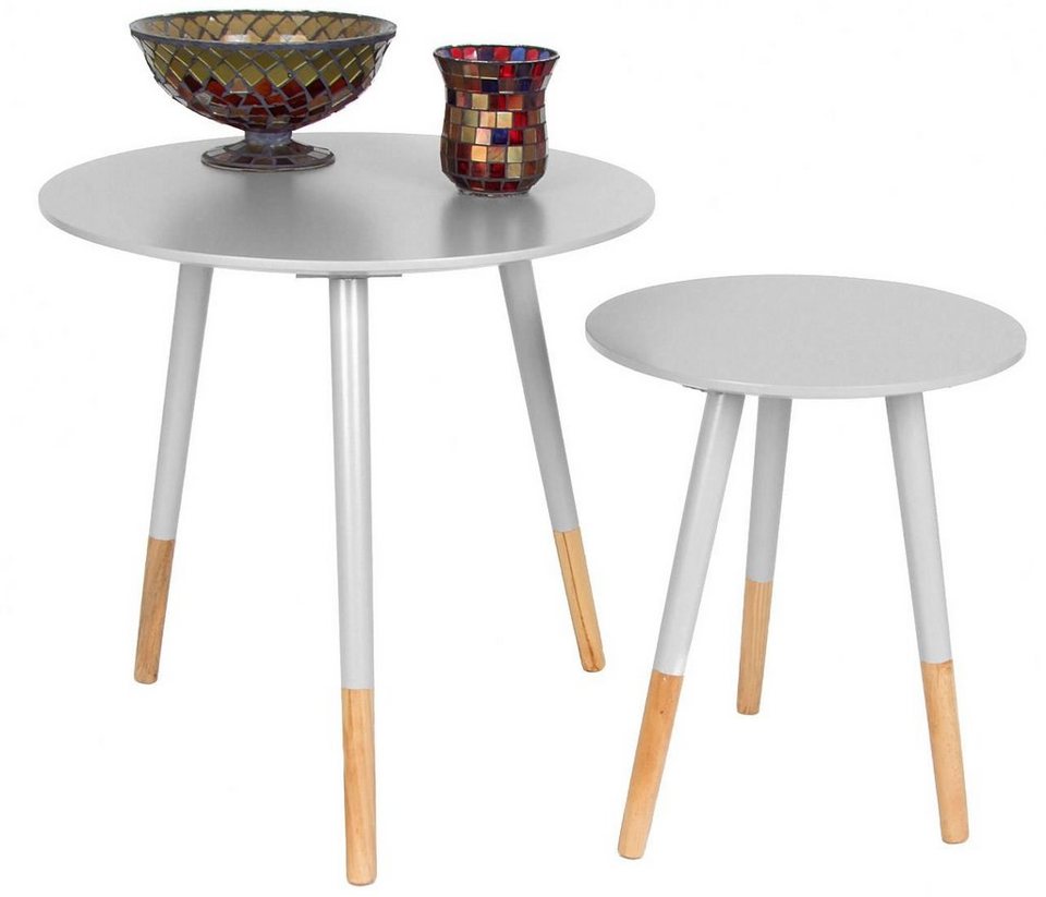 Spetebo Beistelltisch Designer Beistelltisch rund - 2er Set - weiß (Inhalt,  2-St., 48cm / 40cm), Tischplatte weiss, Tisch-Beine natur
