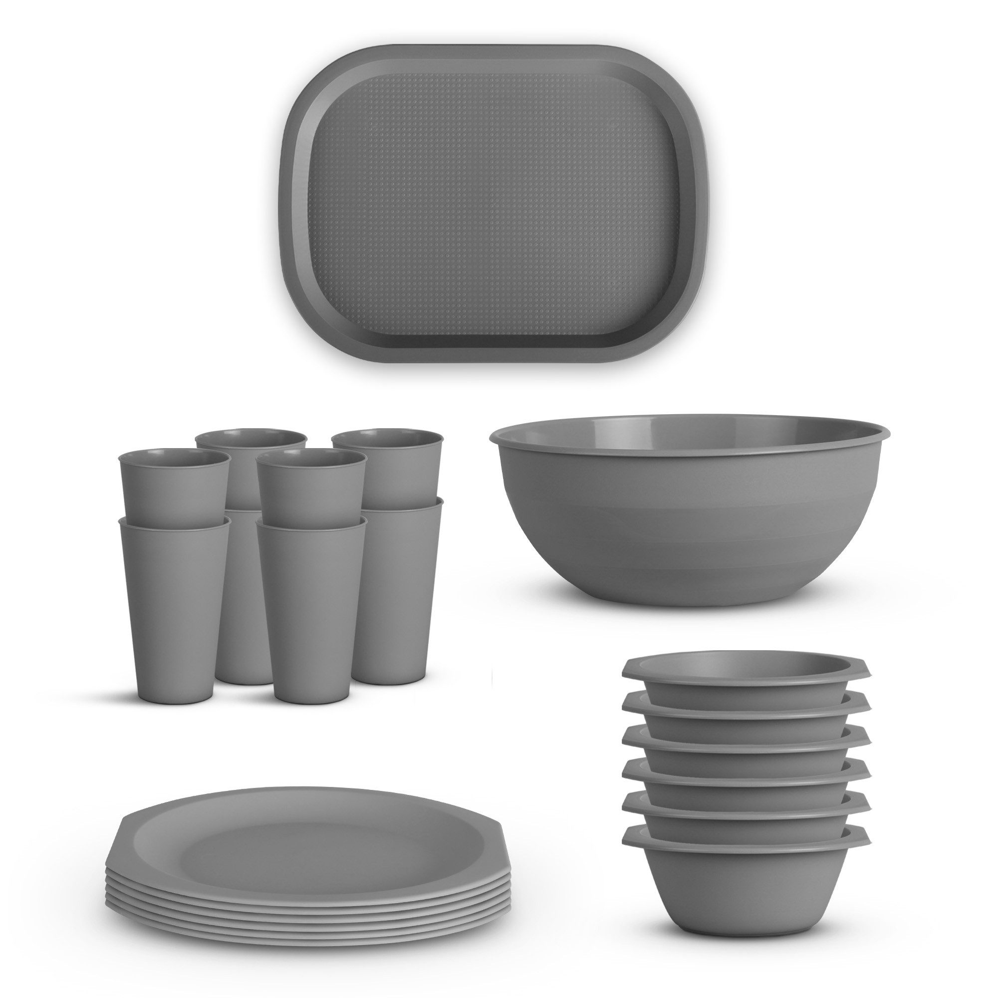 ProHome Geschirr-Set Mehrweg für Camping/Küche (22-tlg), 6 Personen, Kunststoff, BPA-Frei, Spülmaschinengeeignet (Schüssel, Teller, Becher, Tablett)