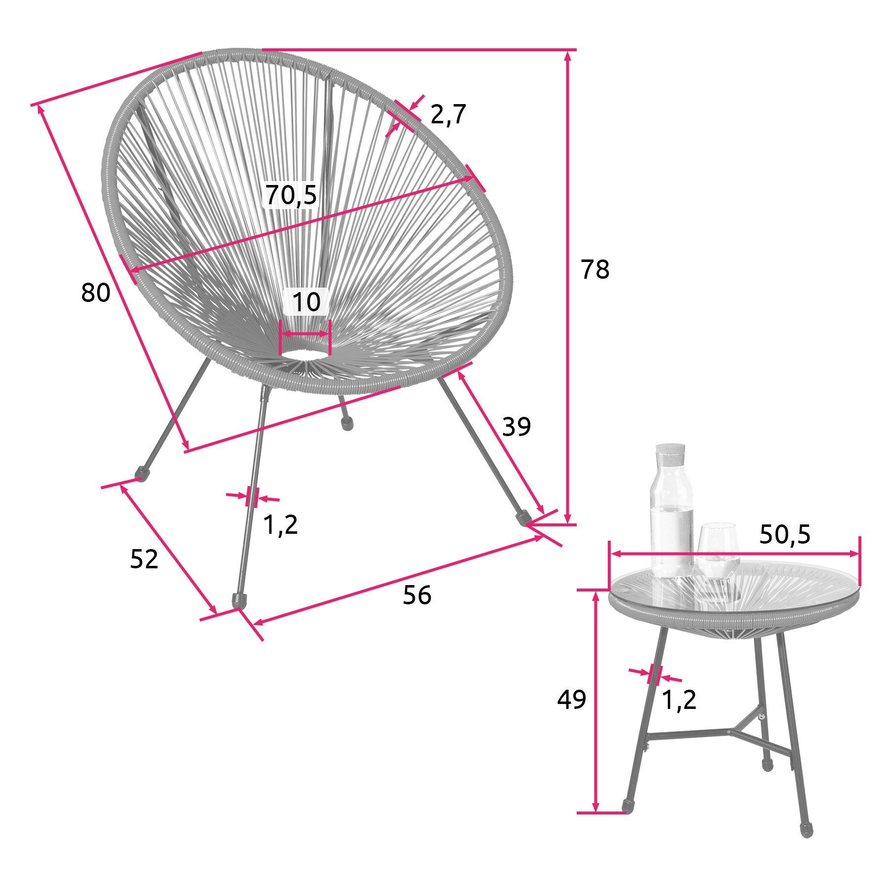 Essgruppe mit (Set, 2 tectake 3-tlg) Gartenstühle Tisch, Santana pink