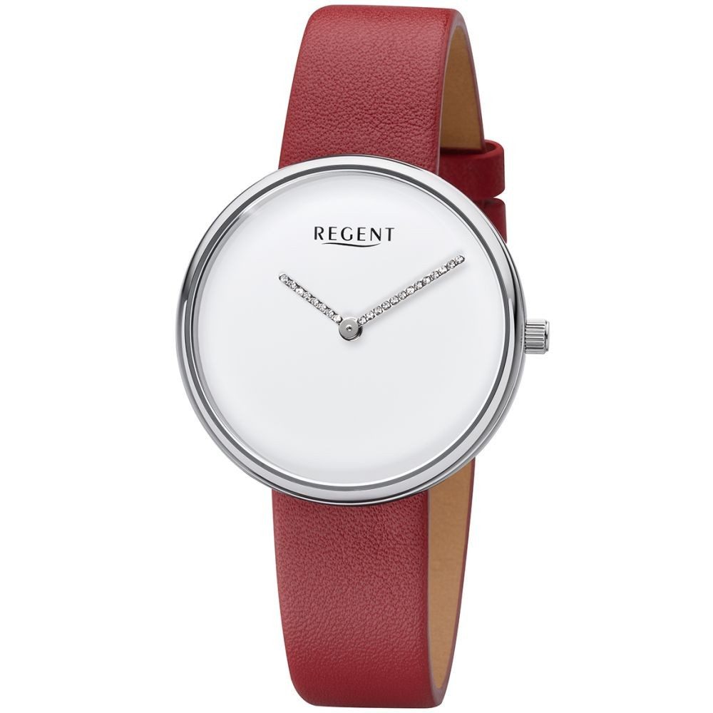 Quarzuhr REGENT Damen Armbanduhr BA-527 weiß D. 36mm Lederband rot Dornschließe