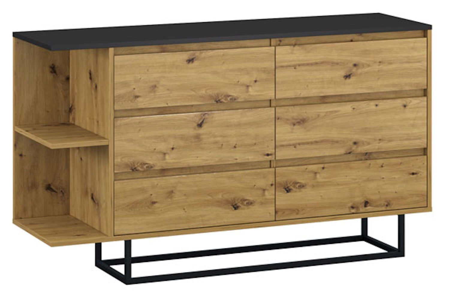 Feldmann-Wohnen Kommode Coco (2 offene Ablagefächer, 6 Schubladen, 1 St., moderne Holzoptik, Griffmulden, Metallfüße), 140x40x81cm schwarz / Artisan Eiche