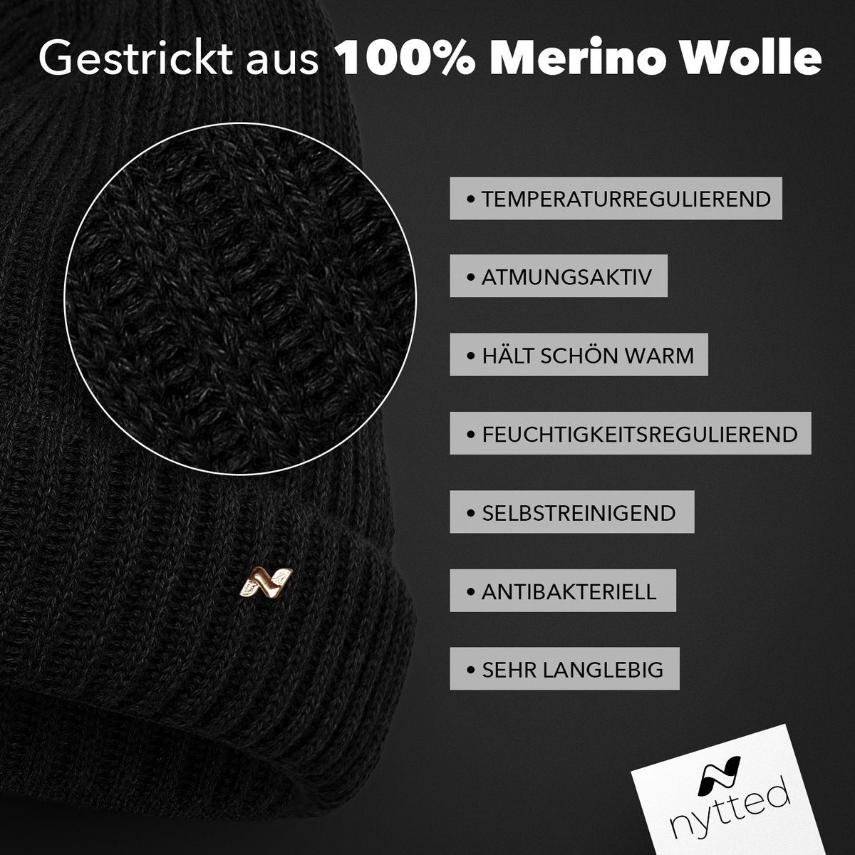 - Damen Herren Wintermütze NYTTED® Merino-Wolle für & in schwarz 100% Made - - Germany Strickmütze