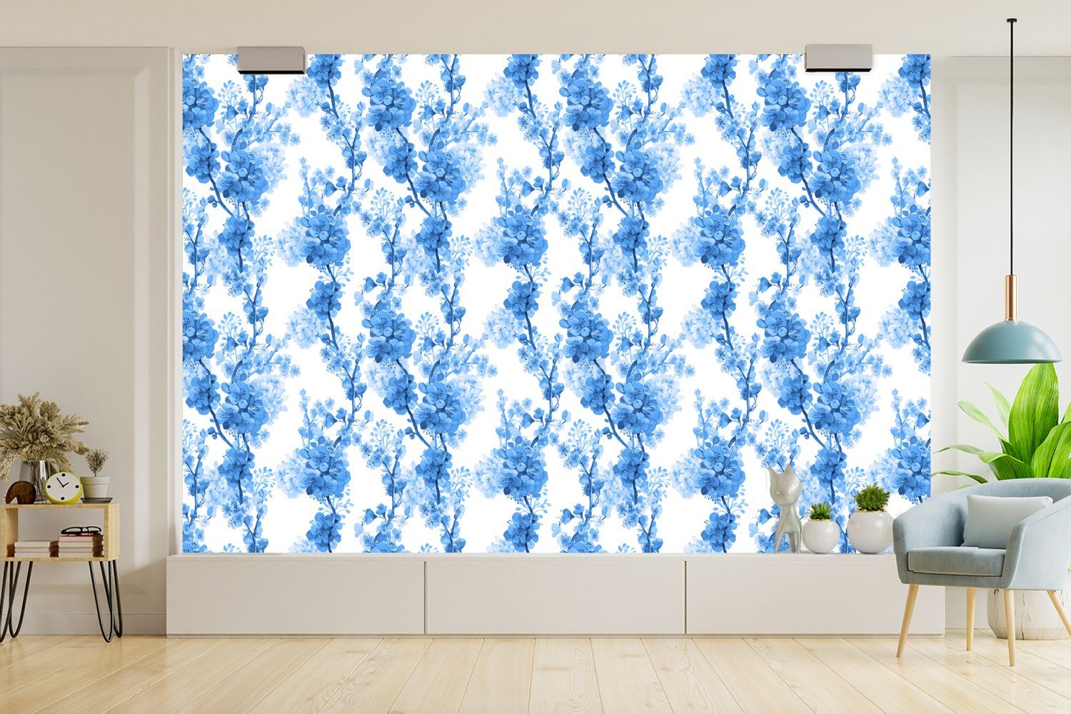 Blau Wallpaper Collage, Schlafzimmer, Wohnzimmer, (6 - Vinyl Kinderzimmer, Fototapete - Matt, MuchoWow St), für Blumen Blüte bedruckt, Tapete -