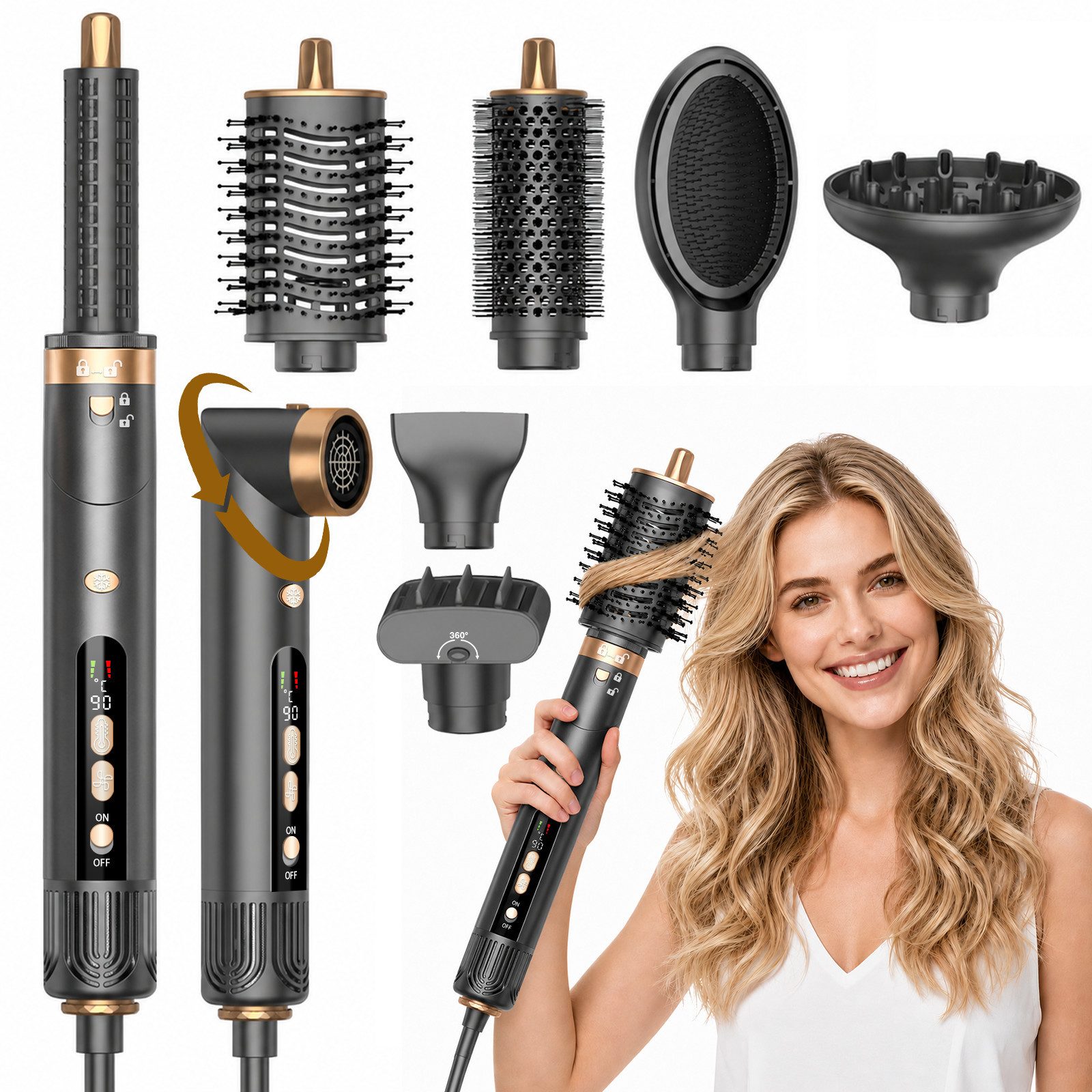SWGOTA Multihaarstyler 7 in 1 Hairstyler -Trocknen,Glätten,Locken & Volumen Warmluftbürste, 200Mio. Ionen gegen Frizz,1300W,110.000 U/min Motor & 40 m/s Luftstrom