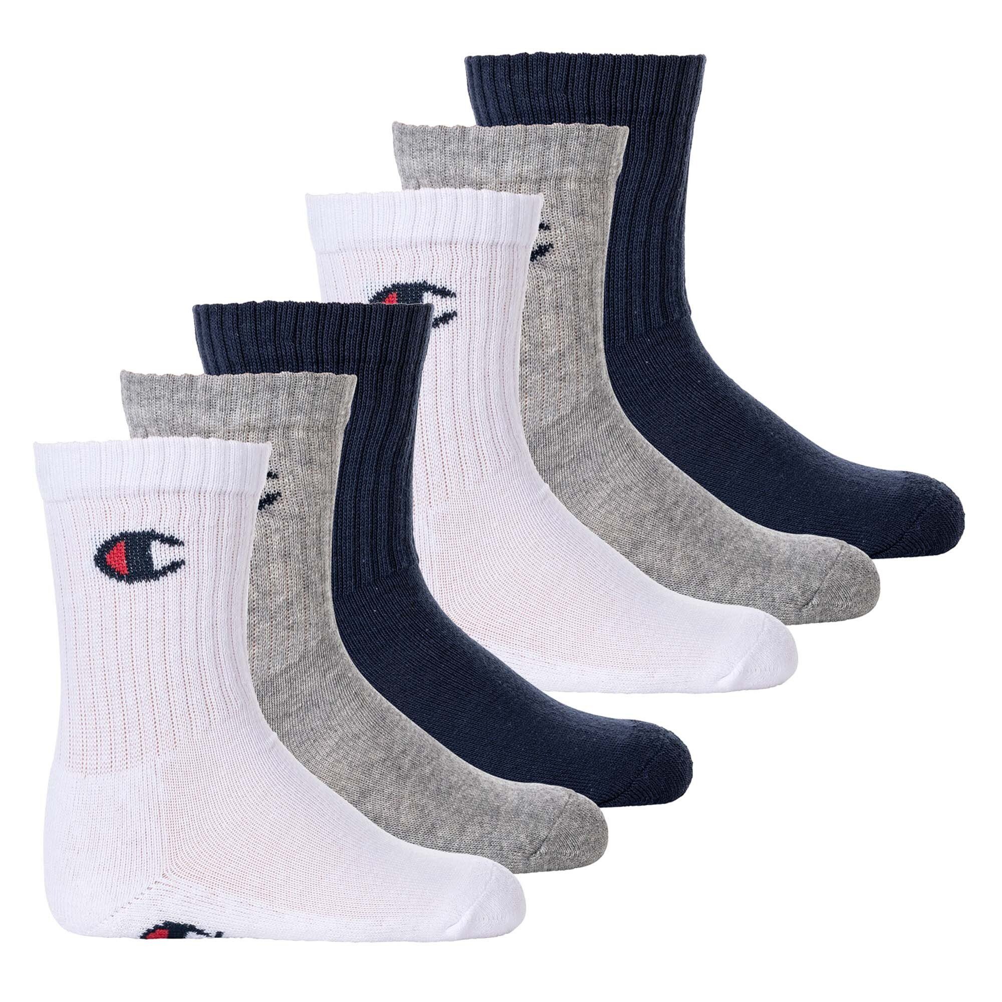 Champion Freizeitsocken Kinder Socken, 6er Pack- Crew Socken, einfarbig Blau/Weiß/Grau