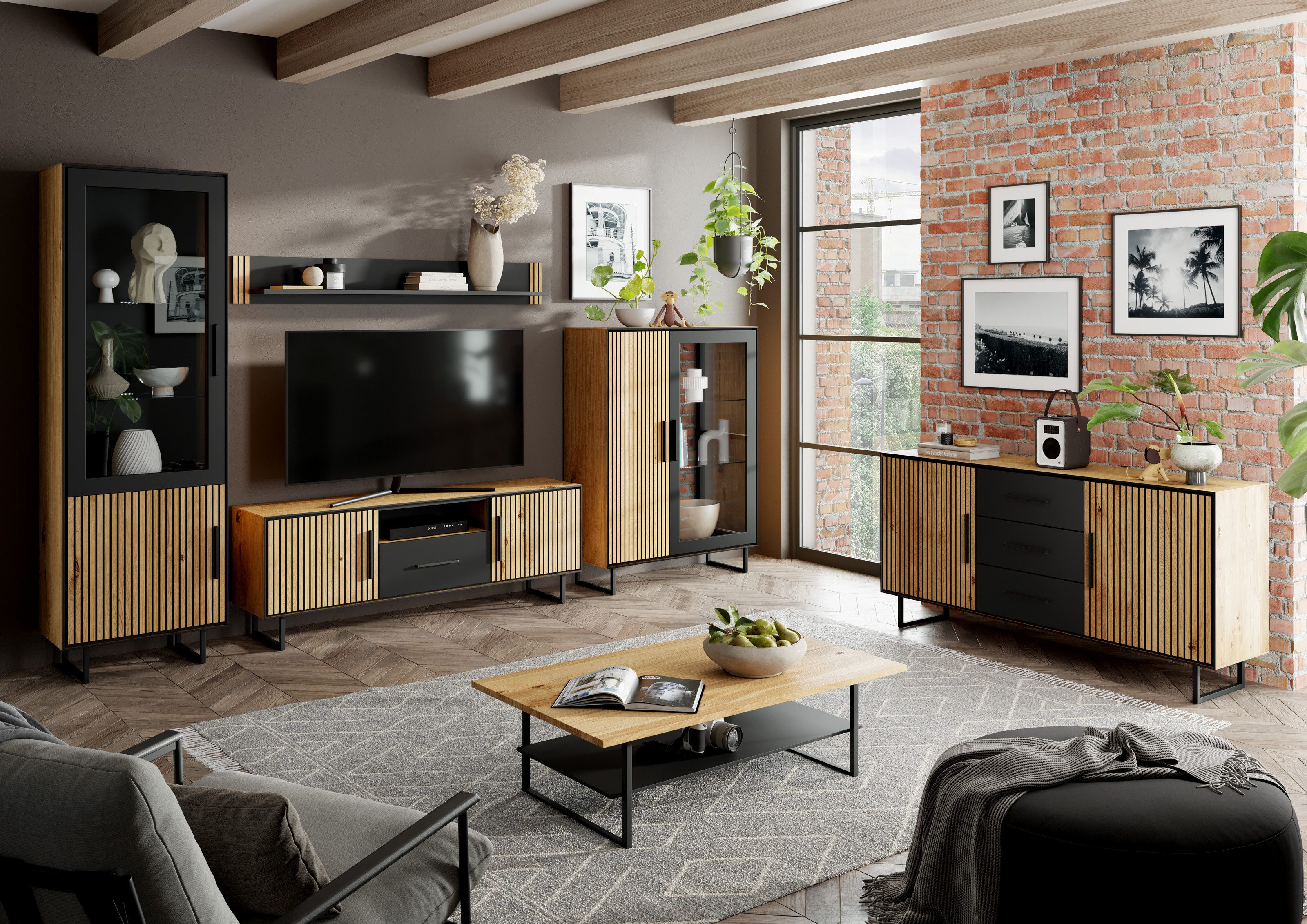 Lebenswert Highboard Eddie, in Eiche / schwarz, Eiche teilmassiv - 146x147x40cm (BxHxT)