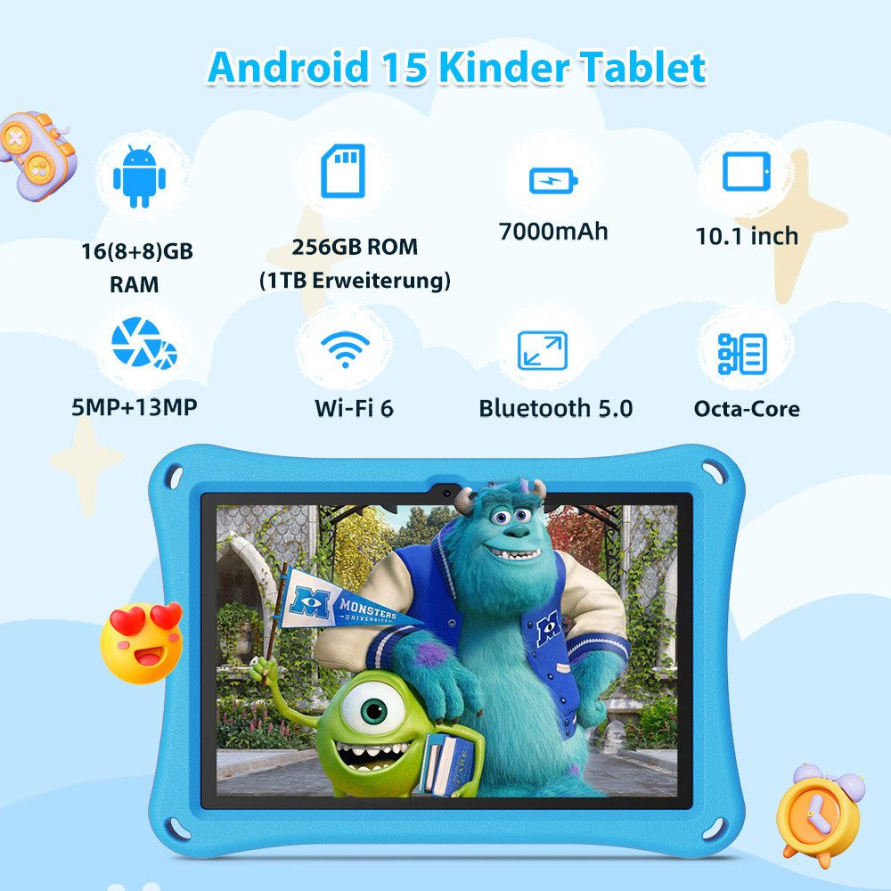 XGODY N02Pro Android 15 16GB+256GB Kinder Tablet (10.1", 256 GB, Android 15, mit EVA Kinderschutzhülle, Octa Core 256GB ROM 7000 mAh Dual-Kamera)