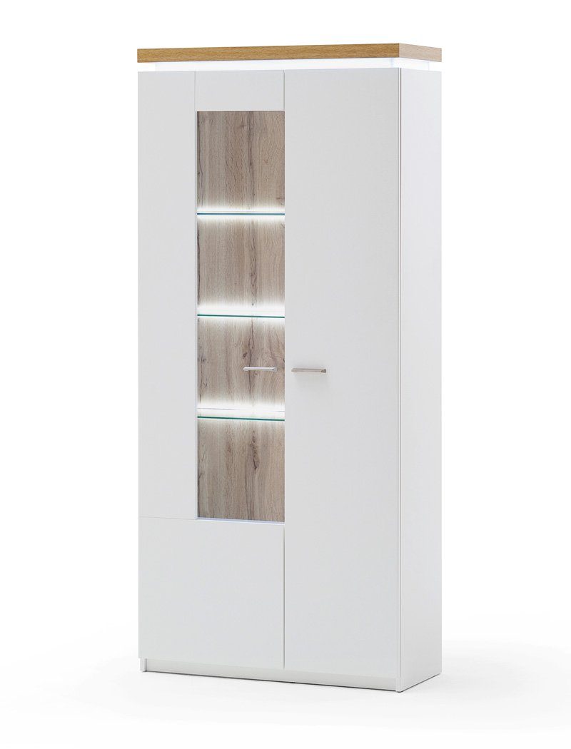 160, Feingewebe Claire Wotan 10-St), 6x mit grau Beleuchtung Wohnzimmer-Set (Spar-Set, weiß + Eiche / Arida expendio Stuhl