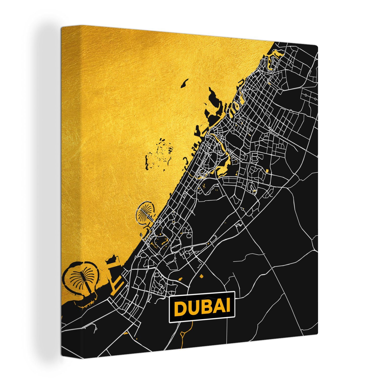 OneMillionCanvasses® Leinwandbild Dubai - Gold - Stadtplan - Karte, (1 St), Leinwand Bilder für Wohnzimmer Schlafzimmer
