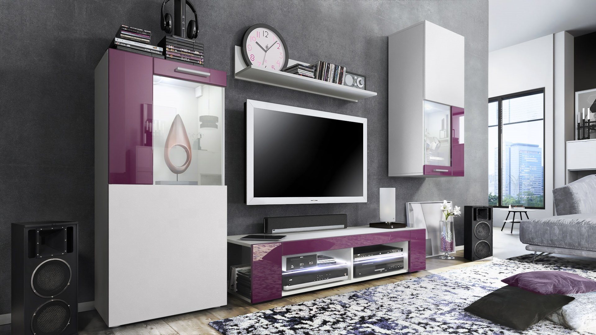 Vladon Wohnwand Movie, (Anbauwand, 5-St., bestehend aus 1 TV-Board, 2 Vitrinen und 1 Regal), Weiß matt/Weiß matt/Brombeer Hochglanz mit Beleuchtung (300x190x39 cm)