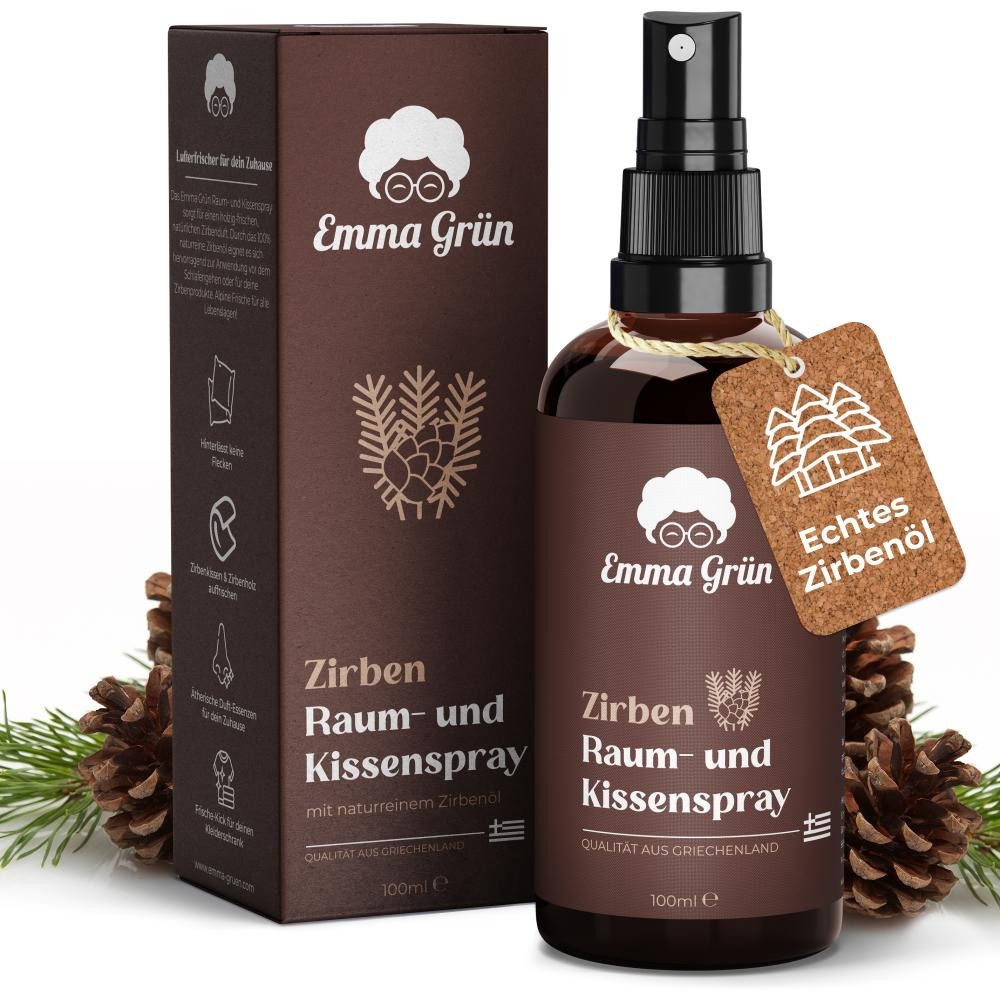 Emma Grün Duftöl Zirbe, Raum- & Kissenspray 100ml, natürlicher Duft (Set, Je nach Auswahl: 1x, 2x oder 5x Raumspray Zirbe 100 ml), Höchste Wildwuchs-Qualität, natürlicher Duft ohne Zusätze