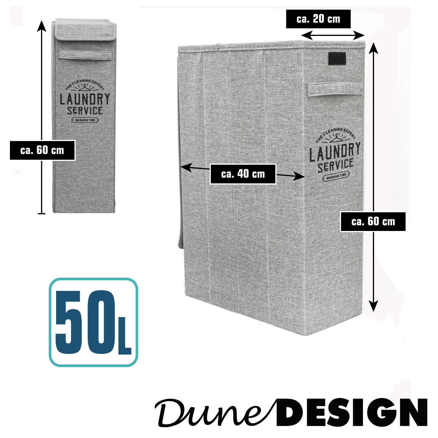 DuneDesign Aufbewahrungskorb 50L Wäschekorb Deckel Schmal Nischenregal Wäschesammler, mit 20x40x60 Wäsche