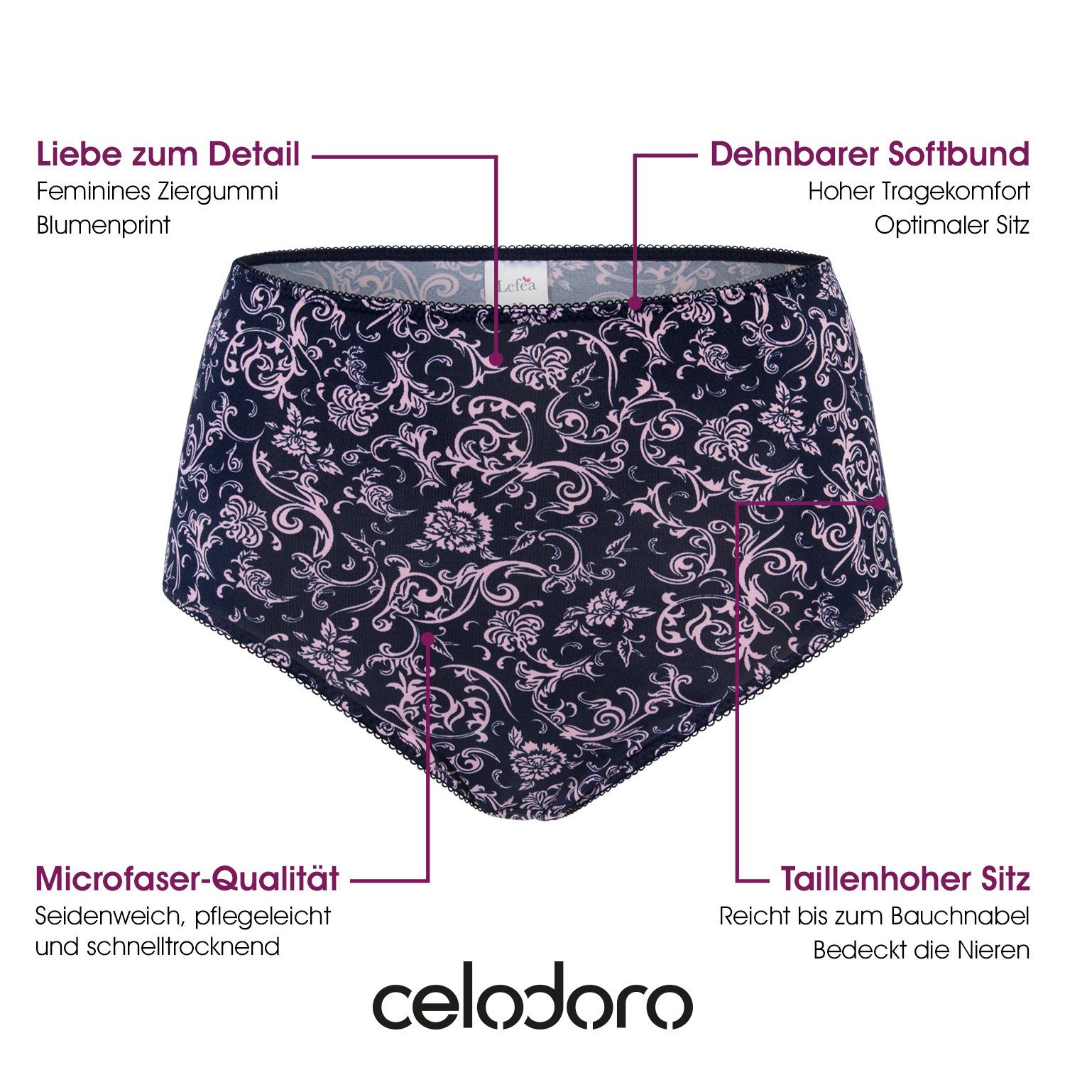 celodoro Taillenslip Damen Taillenslip 6er Pack, Microfaser, Blümchen-Muster