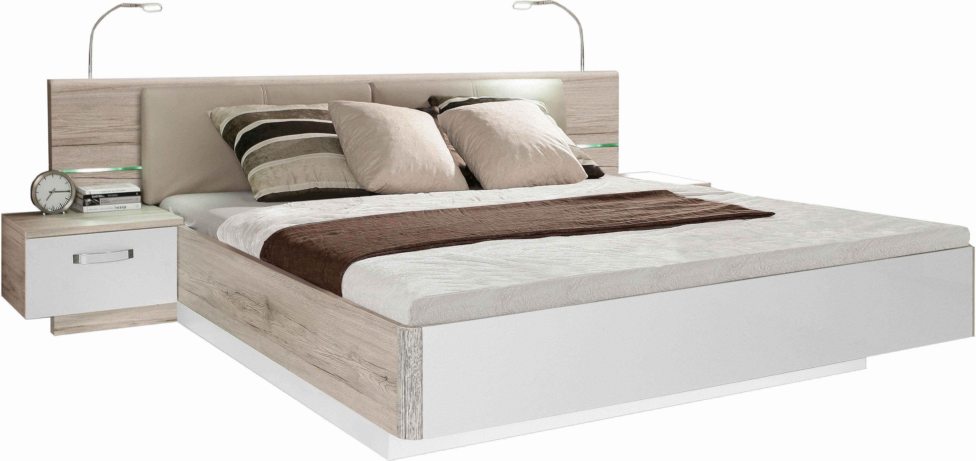FORTE Schlafzimmer-Set Rondino, Bett + 2 Nachttische+ LED, gepolstertes Kunstleder Kopfteil, (Liegefläche 180x200cm, Gesamtmaße ca. 285 x 91.7 x 209cm), Hochglanz mit Sandeiche, wahlweise mit Bettbank