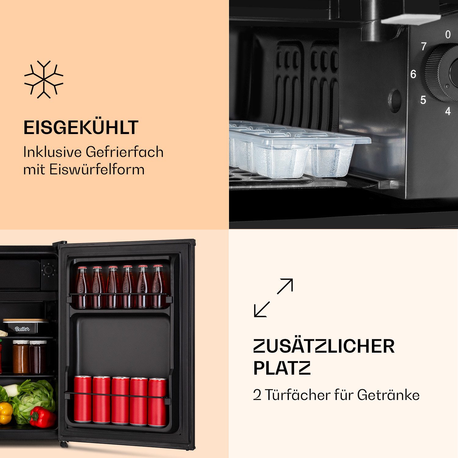 Klarstein Kühl-/Gefrierkombination Obsidian Kühlschrank 72L freistehend Eisfach schwarz Eiswürfelform 10045840, 67.6 cm hoch, 44.5 cm breit, Kühl-Gefrierschrank Mini Fridge Getränkekühlschrank Eiswürfelfach
