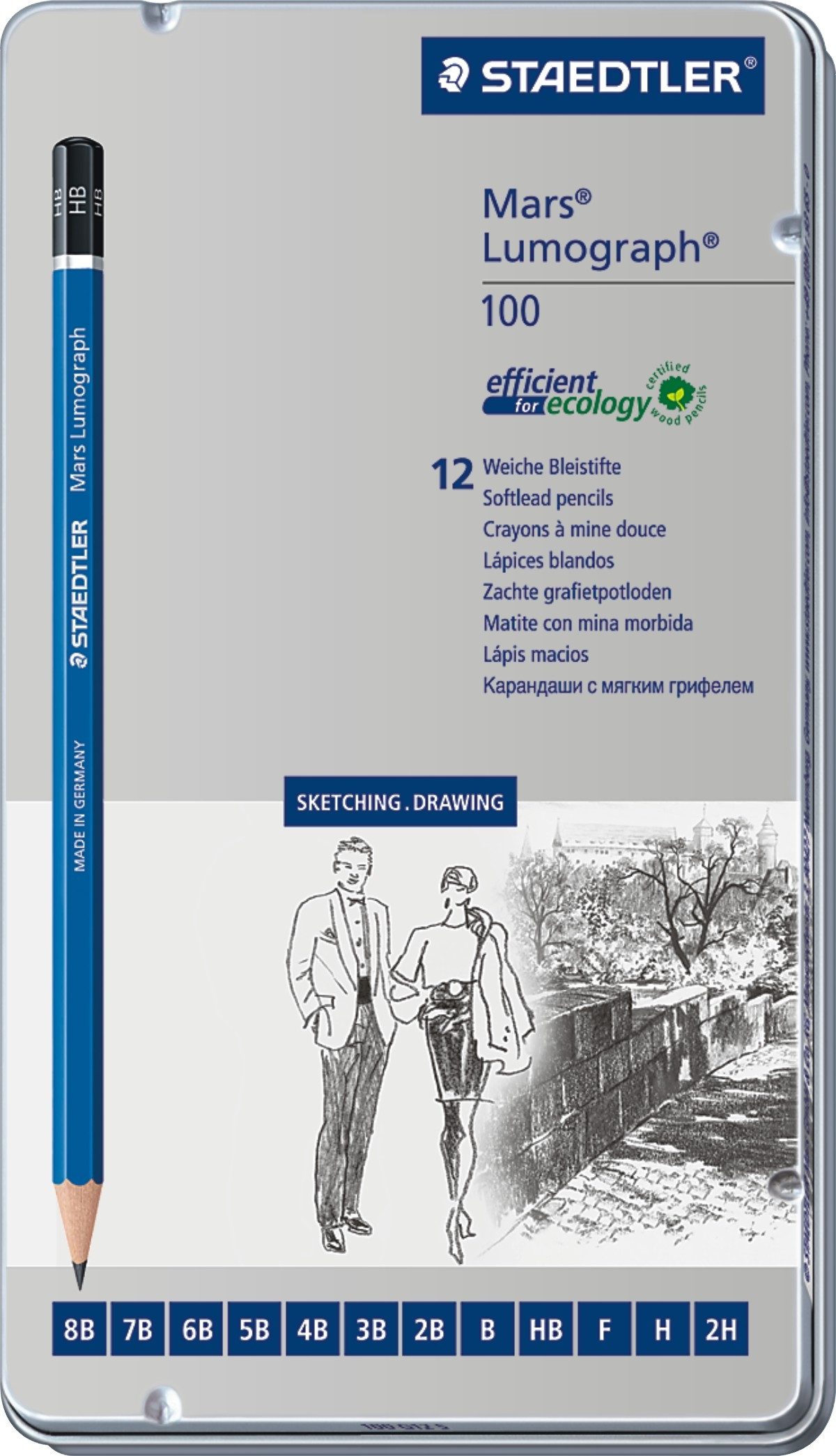 STAEDTLER Bleistift Bleistift Mars Lumograph 12 Härtegrade Metalletui (5 Stück)