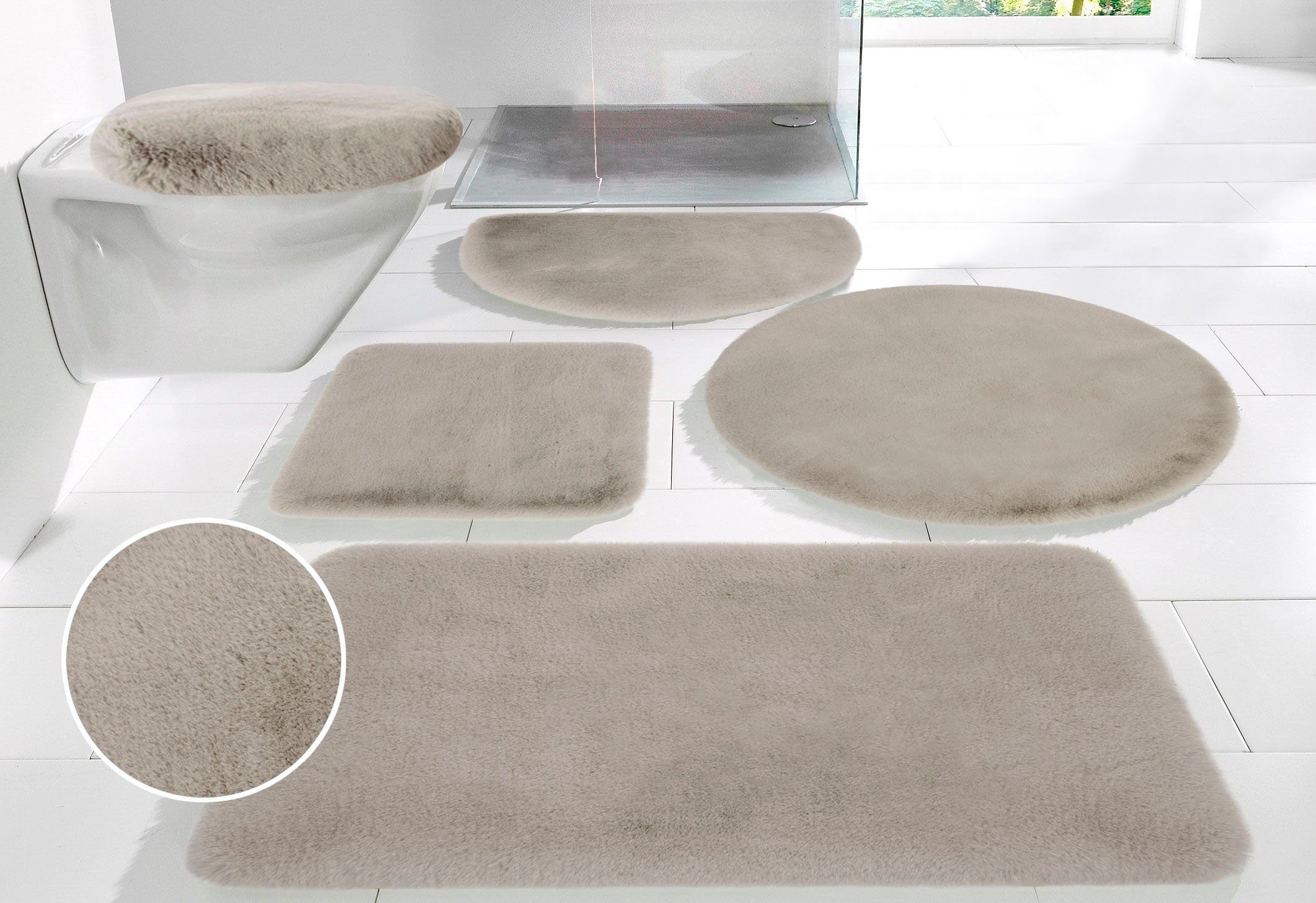 OTTO home Badematte Rabbit Badematten, Badvorleger, Badezimmer Teppich, Höhe 30 mm, rutschhemmend beschichtet, schnell trocknend, strapazierfähig, fußbodenheizungsgeeignet, Polyester, rechteckig, Kaninchenfell-Haptik, Badteppich, rechteckig, rund & als 3-tlg. Set