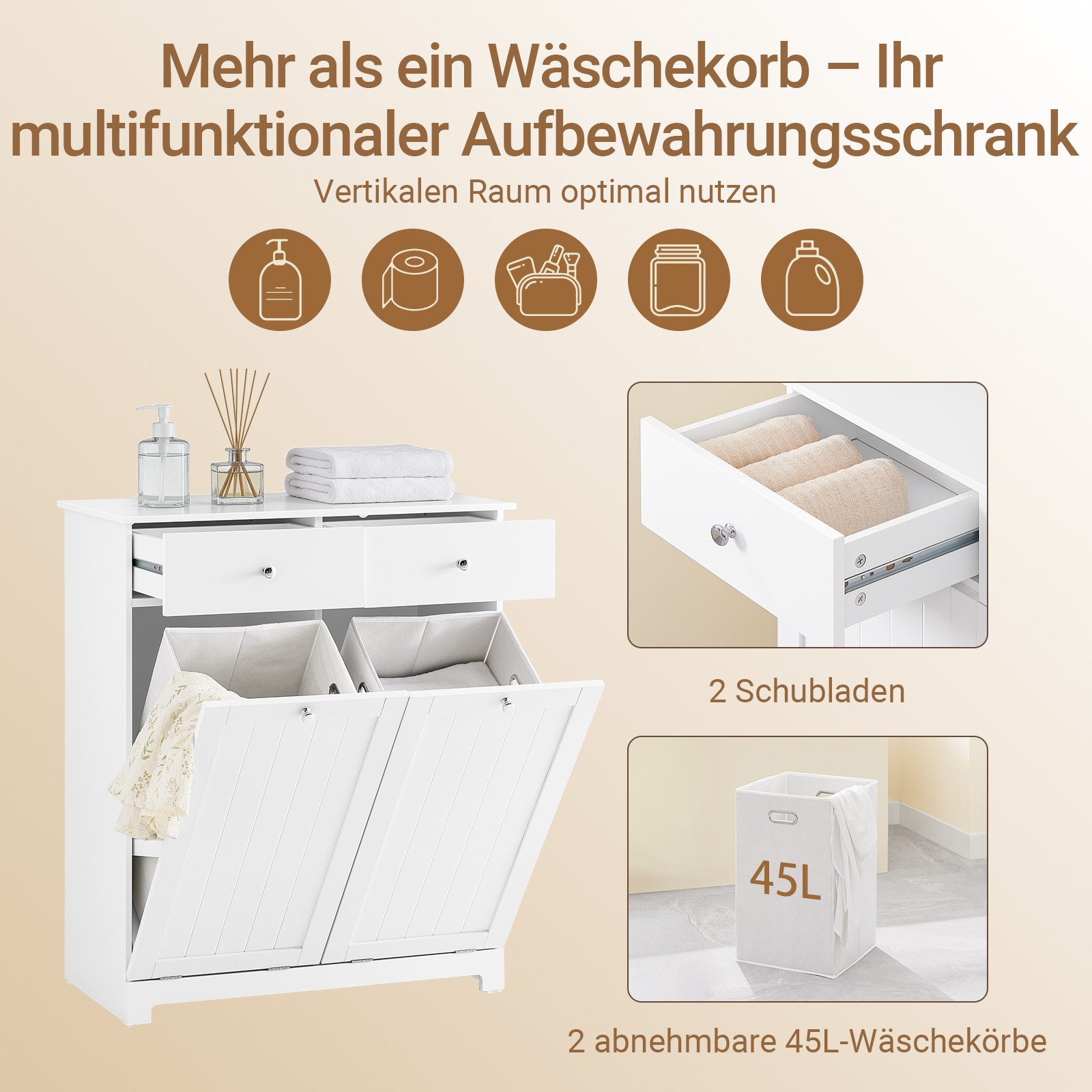 SoBuy Wäscheschrank BZR33, Badezimmerschrank mit Wäschekorb, Wäschesammler, Wäscheschrank mit 2 Schubladen & 2 Wäschekippern, 90L großer Kapazität, Badezimmer