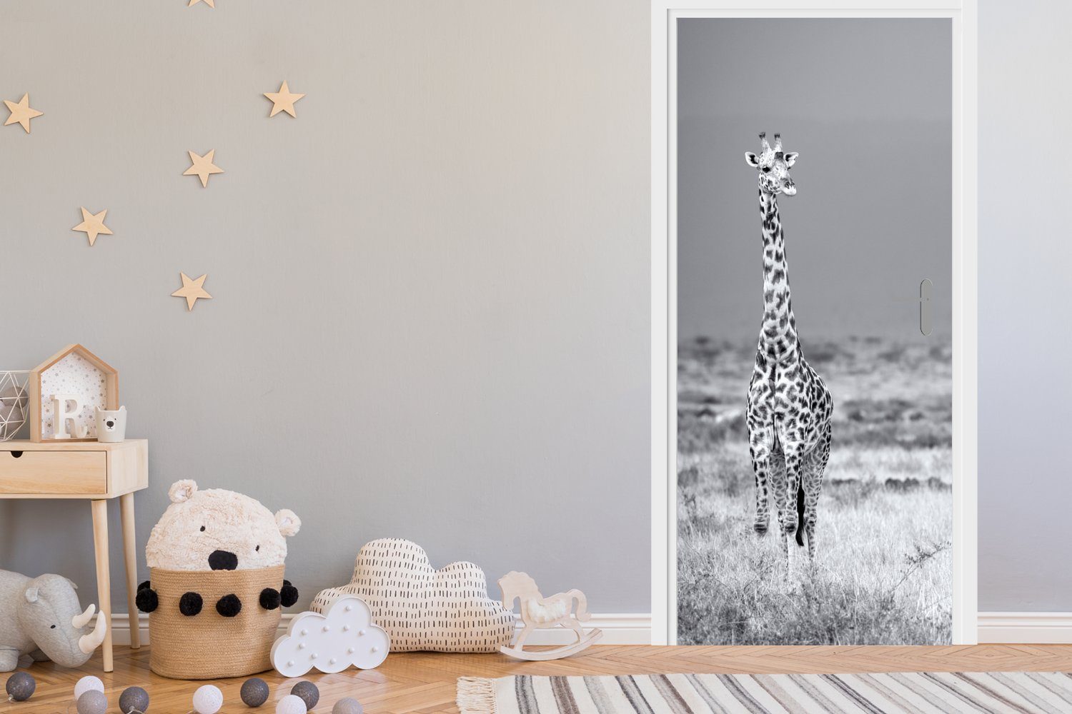 Große bedruckt, Giraffe und Türtapete Fototapete Schwarz (1 in MuchoWow St), cm Matt, Weiß, Türaufkleber, Tür, für 75x205