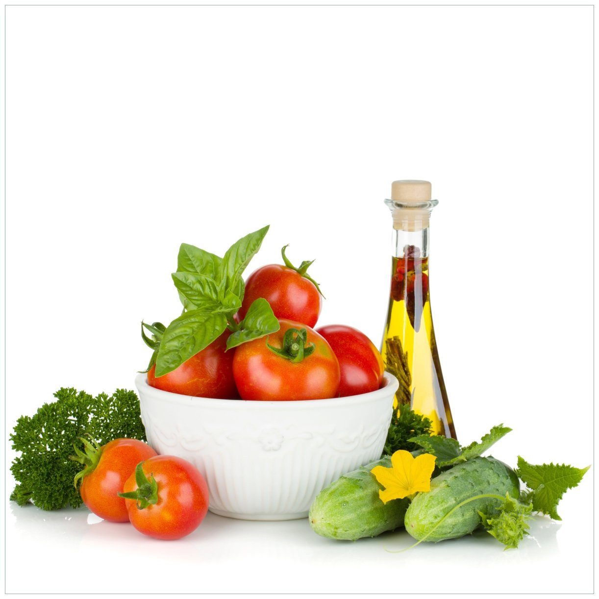 Wallario Tischplatte Frische Salatzutaten mit Kräuter-Öl - Tomaten, Gurke, Petersilie (1 St), für Ikea Lack Tisch geeignet