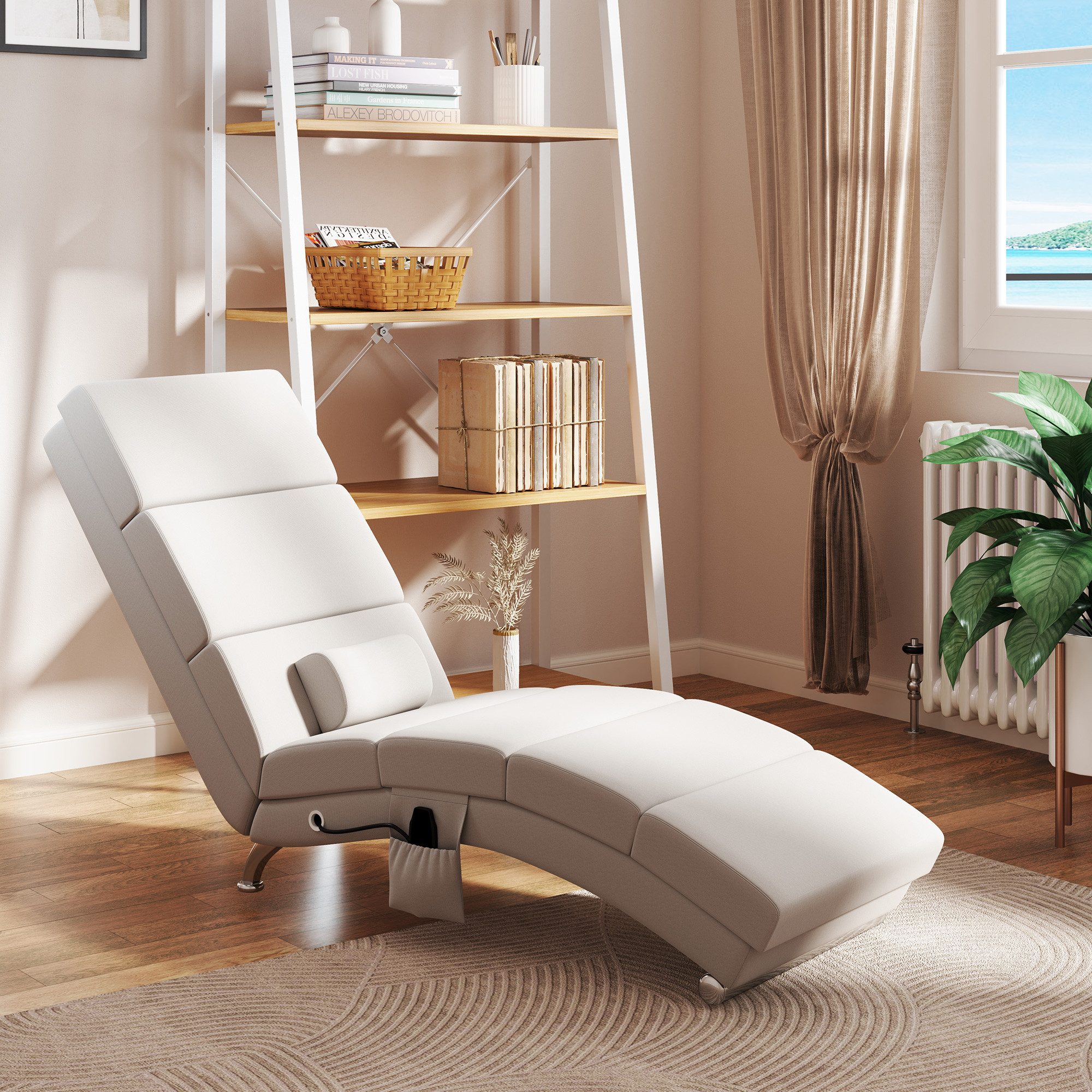 HOMCOM Massagesessel Relaxsessel TV Sessel mit Liegefunktion Massage Wärmefunktion (Relaxsessel, 1-St., Elektrisch Fernsehsessel), TV Sessel mit Lendenkissen Seitentasche Fernbedienung Cremeweiß
