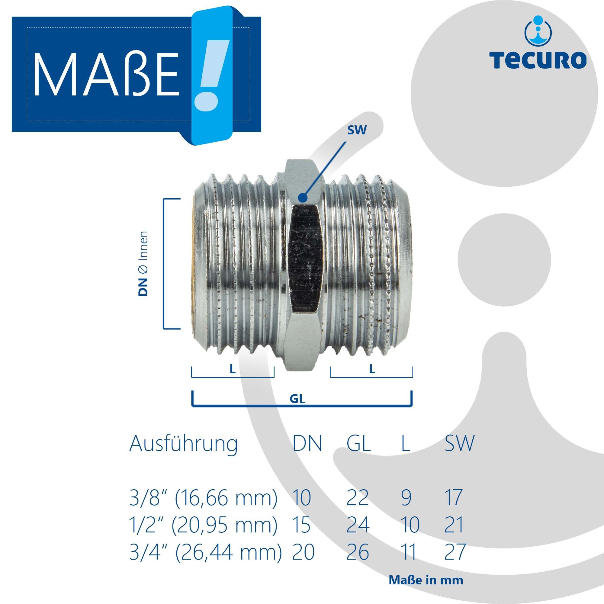 tecuro Gewindefitting Doppelnippel, beidseitig Außengewinde G, Messing glanzverchromt, 3/8 Zoll