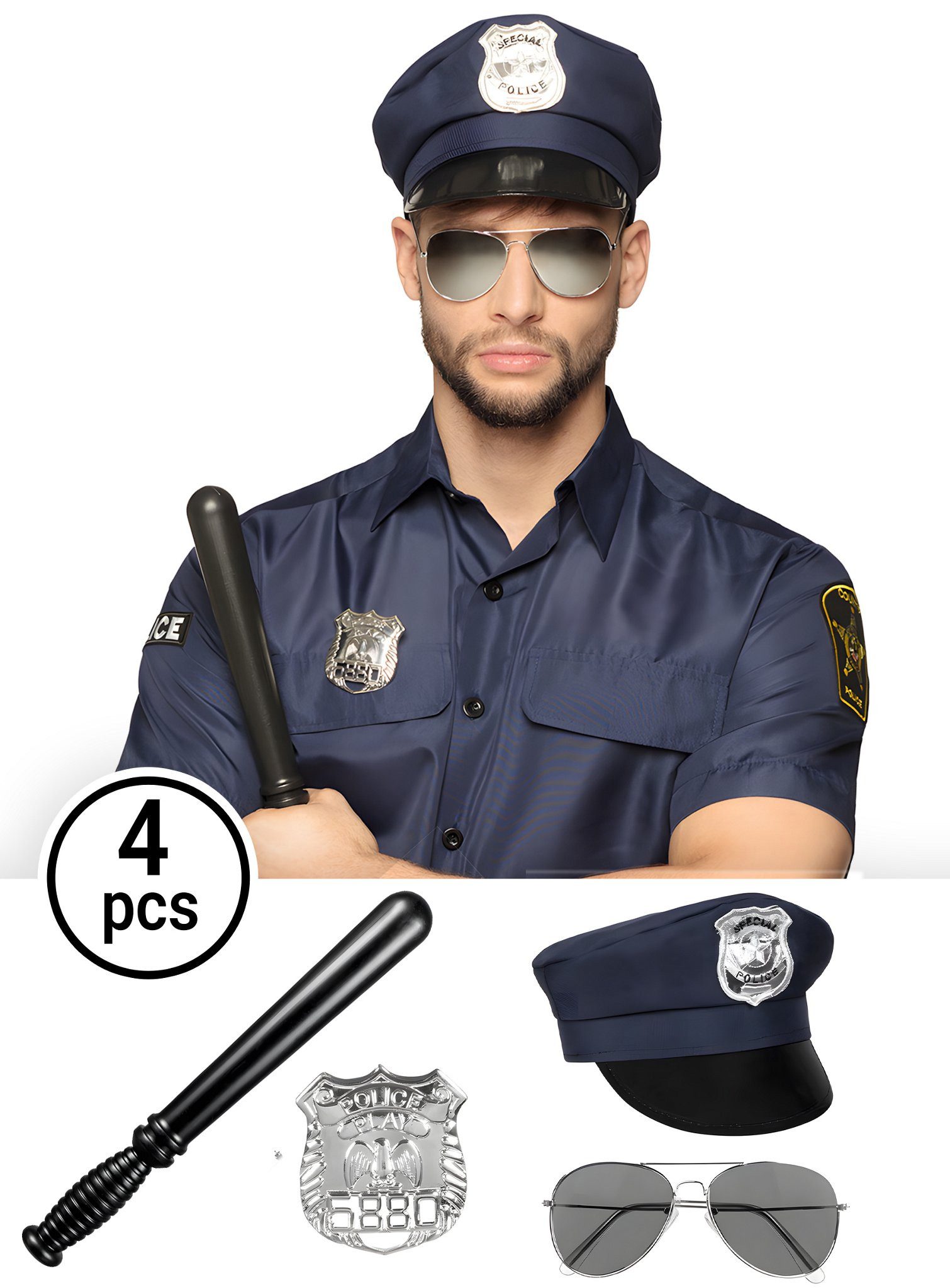 Boland Polizei-Kostüm US Cop Accessoire-Set, Mütze, Marke, Sonnenbrille und Gummiknüppel - fertig ist der US Poli