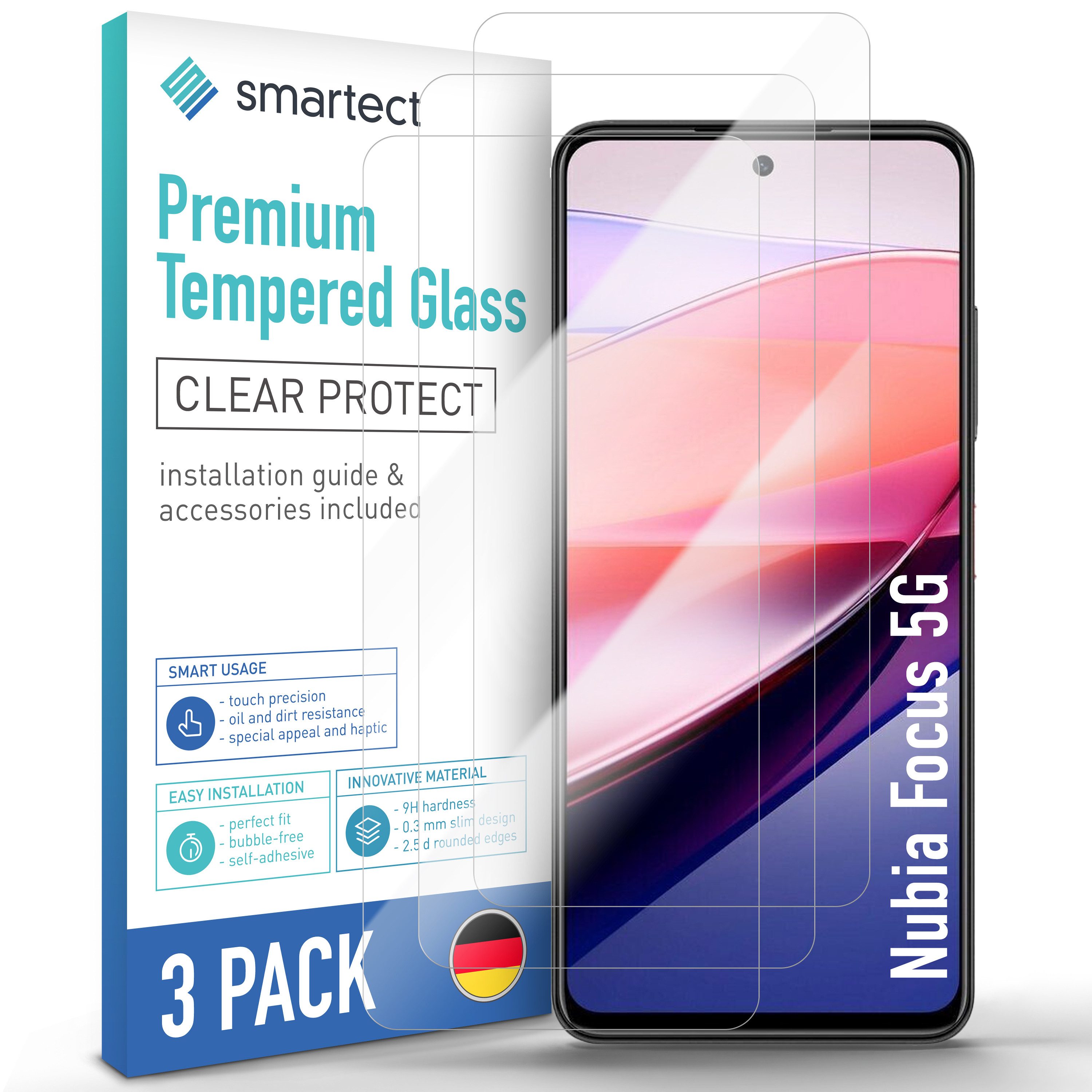 smartect Displayschutzglas Schutzglas Panzerfolie Klar für Nubia Focus 5G, Set, 3 Stück, Schutzfolie Glasschutz Bildschirm