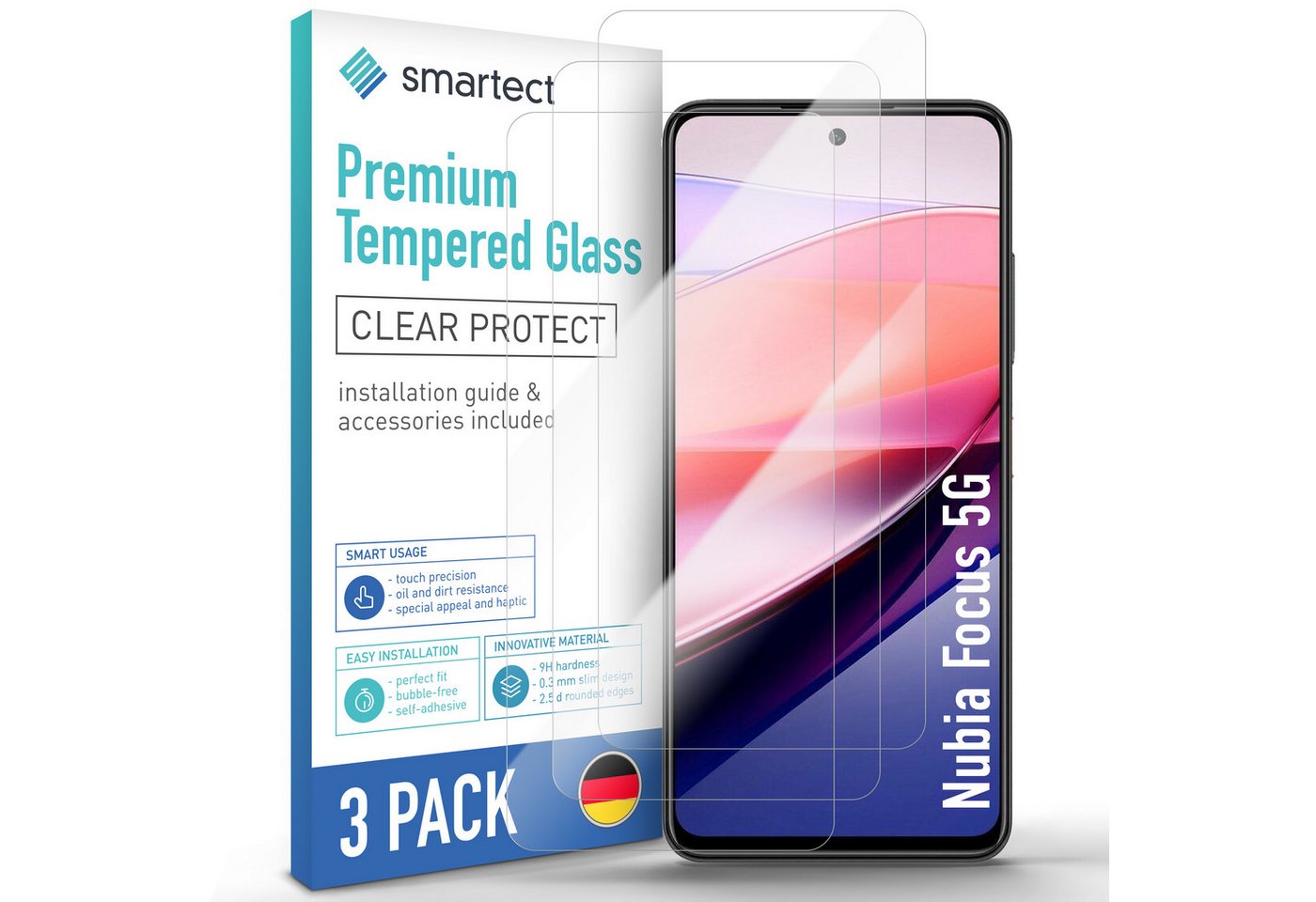 smartect Displayschutzglas 3X Schutzglas Panzerfolie Klar für Nubia Focus 5G für Nubia Focus 5G, Set, 3 Stück, 0.3 mm Ultra-klar, 9H Härte, Kratzfest, Stoßfest, Blasenfrei, Oleophob