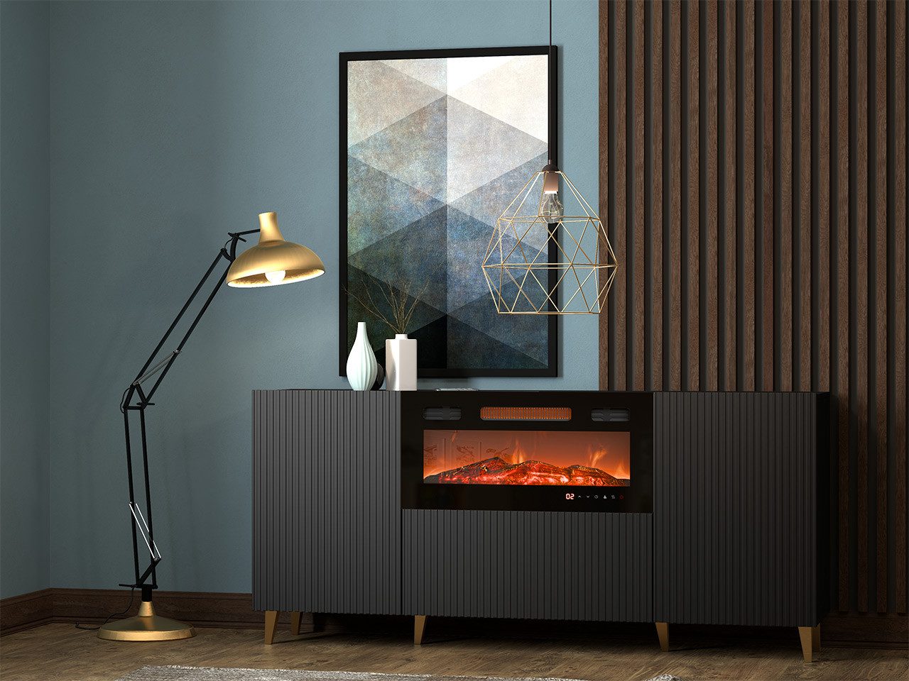MIRJAN24 Kommode Pafos 180 mit Elektrischem Kamin (mit zwei Drehtüren), Realistische LED-Flamme