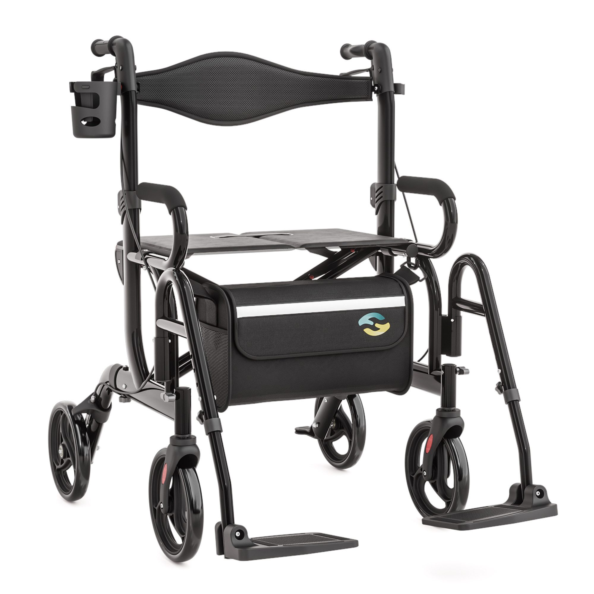 Helavo Rollator H1070, 2-in-1 Rollator & Rollstuhl mit Sitz, Fußstützen & Tasche bis 136kg