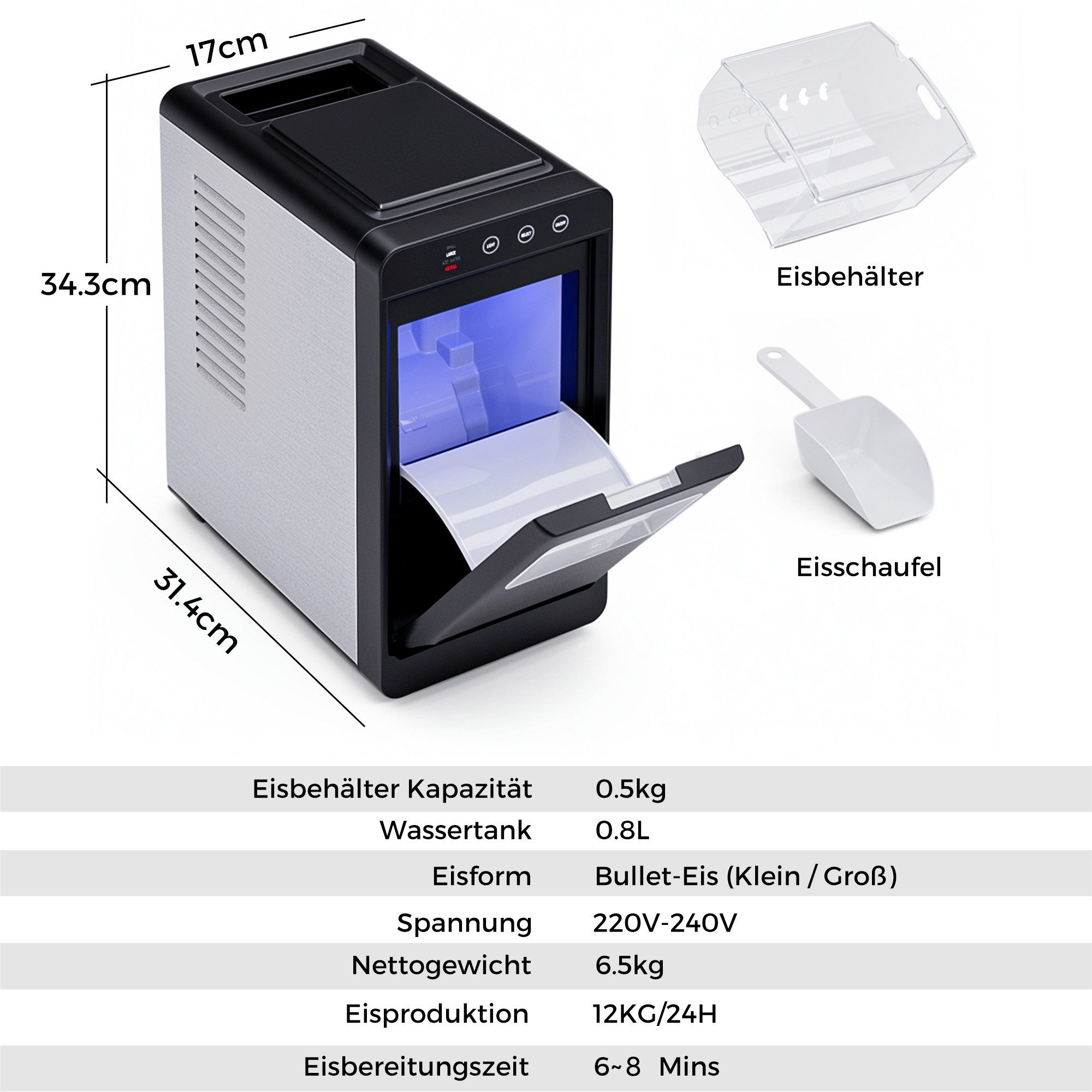 Rebonique Eiswürfelmaschine 12kg/24H mit Selbstreinigung, LED-Anzeige, 2 Eiswürfelgrößen Edelstahl, 0,8-l-Wassertank, Eisbereitungszeit: 6–8 Minuten, Eisschaufel