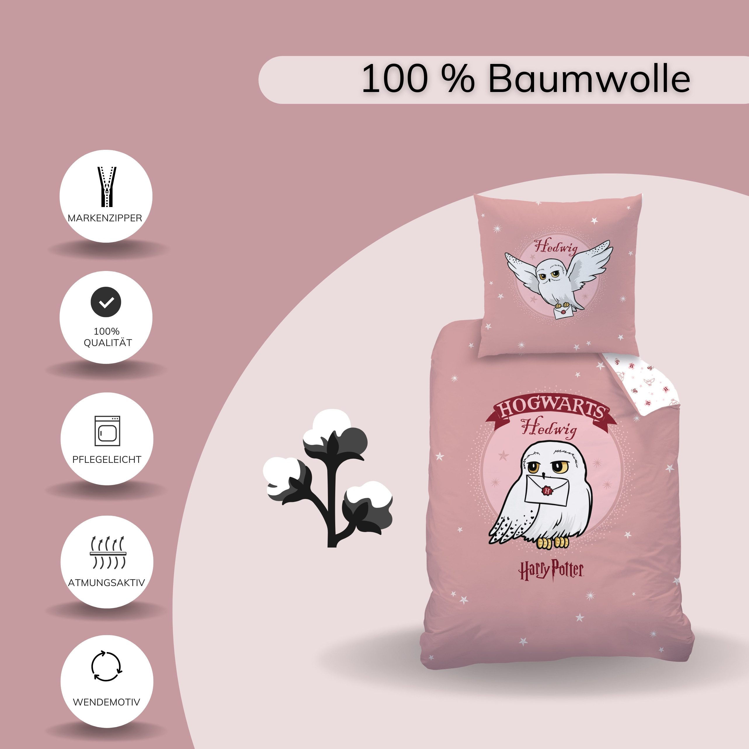 MTOnlinehandel Bettwäsche Harry Potter "Fly Hedwig" Renforcé in 135x200 + 80x80 cm, 100% Baumwolle, 2 teilig, Kinderbettwäsche-Set in Rosa für alle Hogwarts Fan – Bild 5 von 5